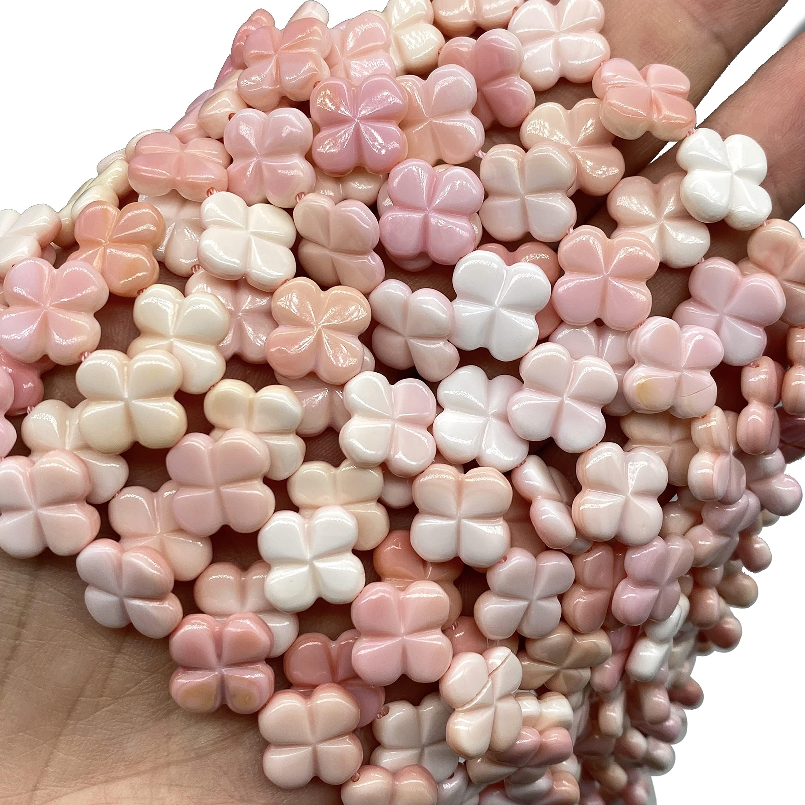 [ABCgems] Bahamas Salmon-Pink Queen Conch Shell (Exquisite Snowy White Matrix) 14mm Lucky Four-Leaf-Clover Flower Natural Mother-of-Pearl Healing Energy Beads (Light Pink)