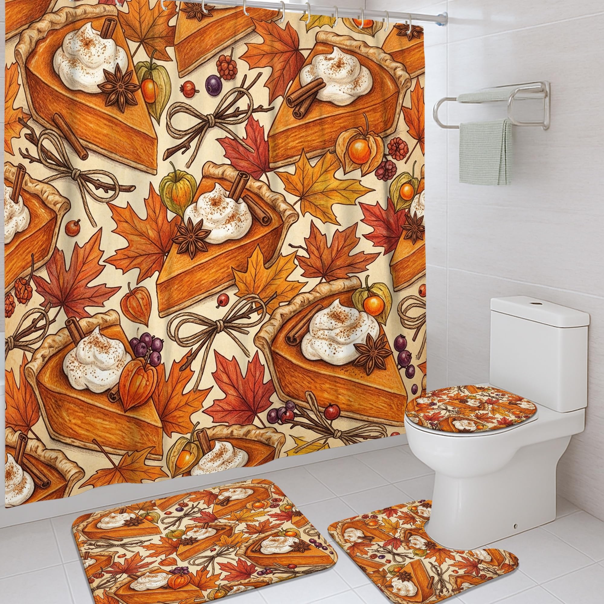 Ensemble rideau de douche imperméable orange 183x183 et tapis de bain anti-eau