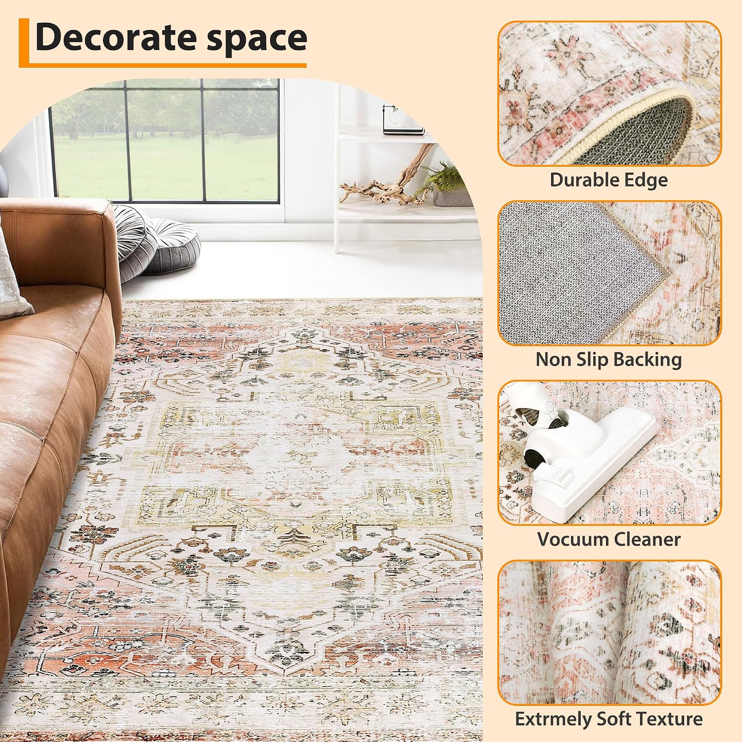 Washable Rug 8x10 Rugs: Living Room Rug Vintage Rug Tribal Rug Soft Anti Skid Stain-Resistant Carpet Large Rug Non Shedding for Bedroom Dining Room Farmhouse Nursery Home Office Taupe