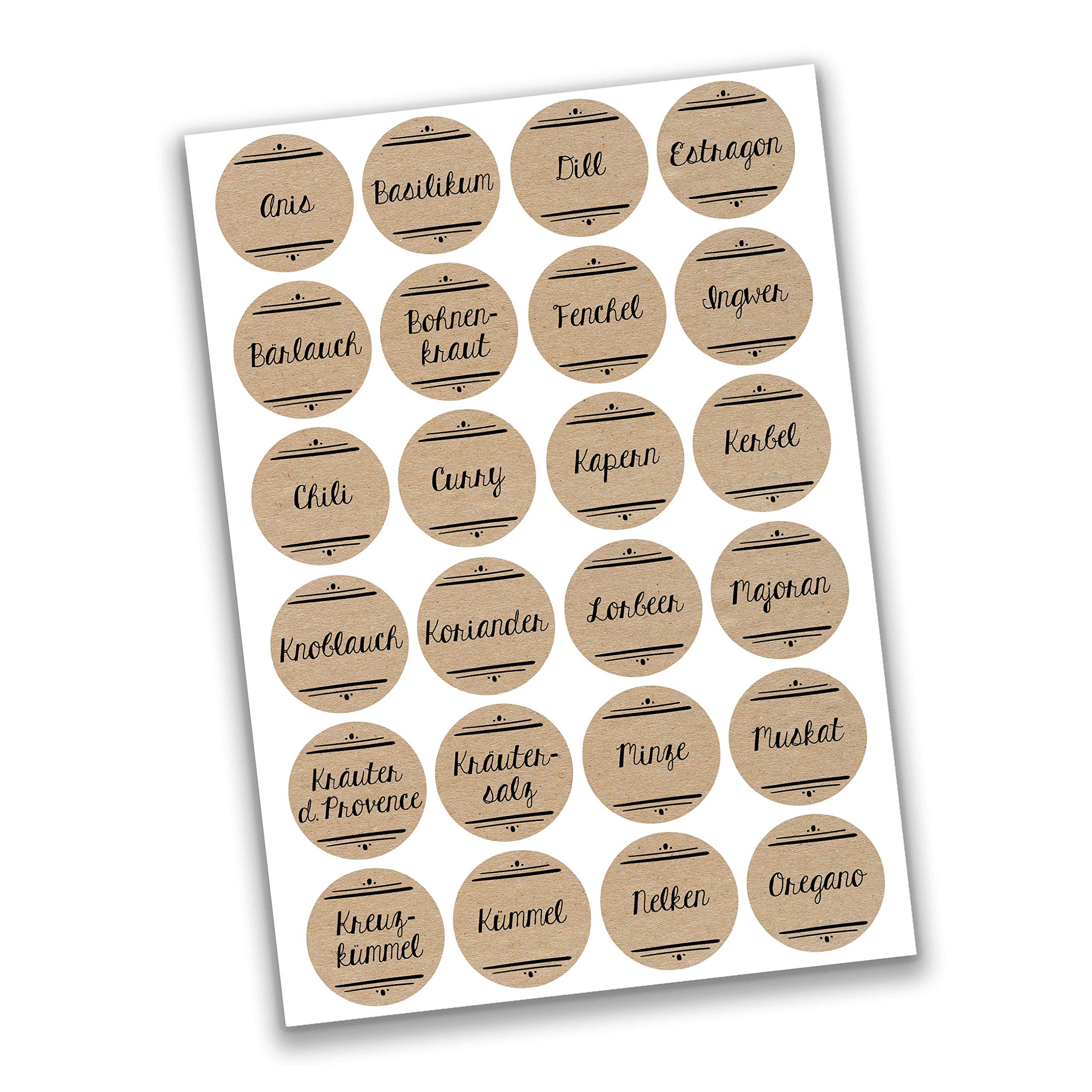 Papierdrachen 24 ronde zelfklevende kruidenetiketten/kruidenafdrukjes - Ideaal voor kruidenrekken, blikjes en potten - elegante, moderne en tijdloze stickers 4cm - motief pakpapier Set 2