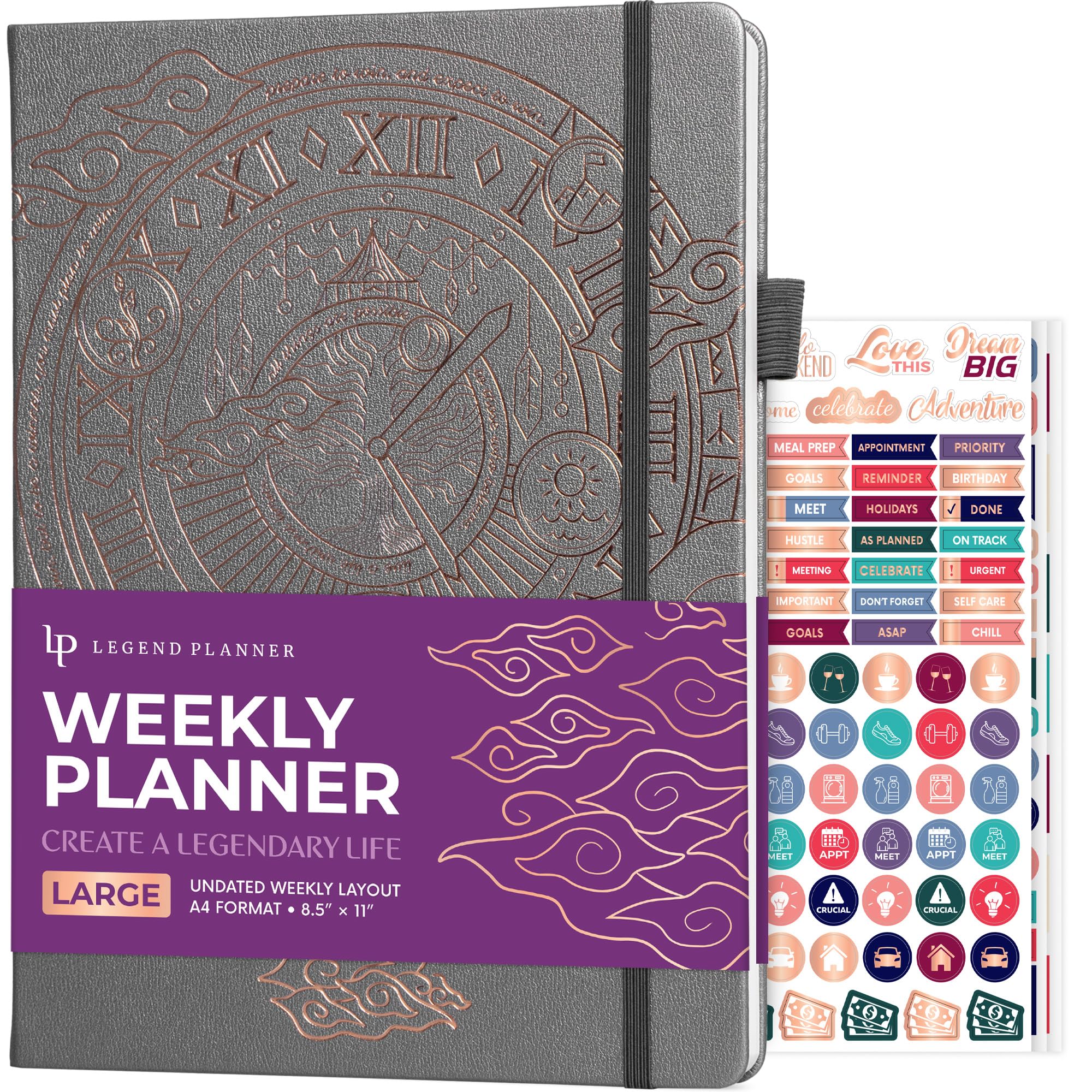 Legend Undated Weekly Planner Large – Goal Planner Journal & Organizer Notebook – Agenda Book with Monthly Calendar, 8.5x11” (Mystic Gray Gold)