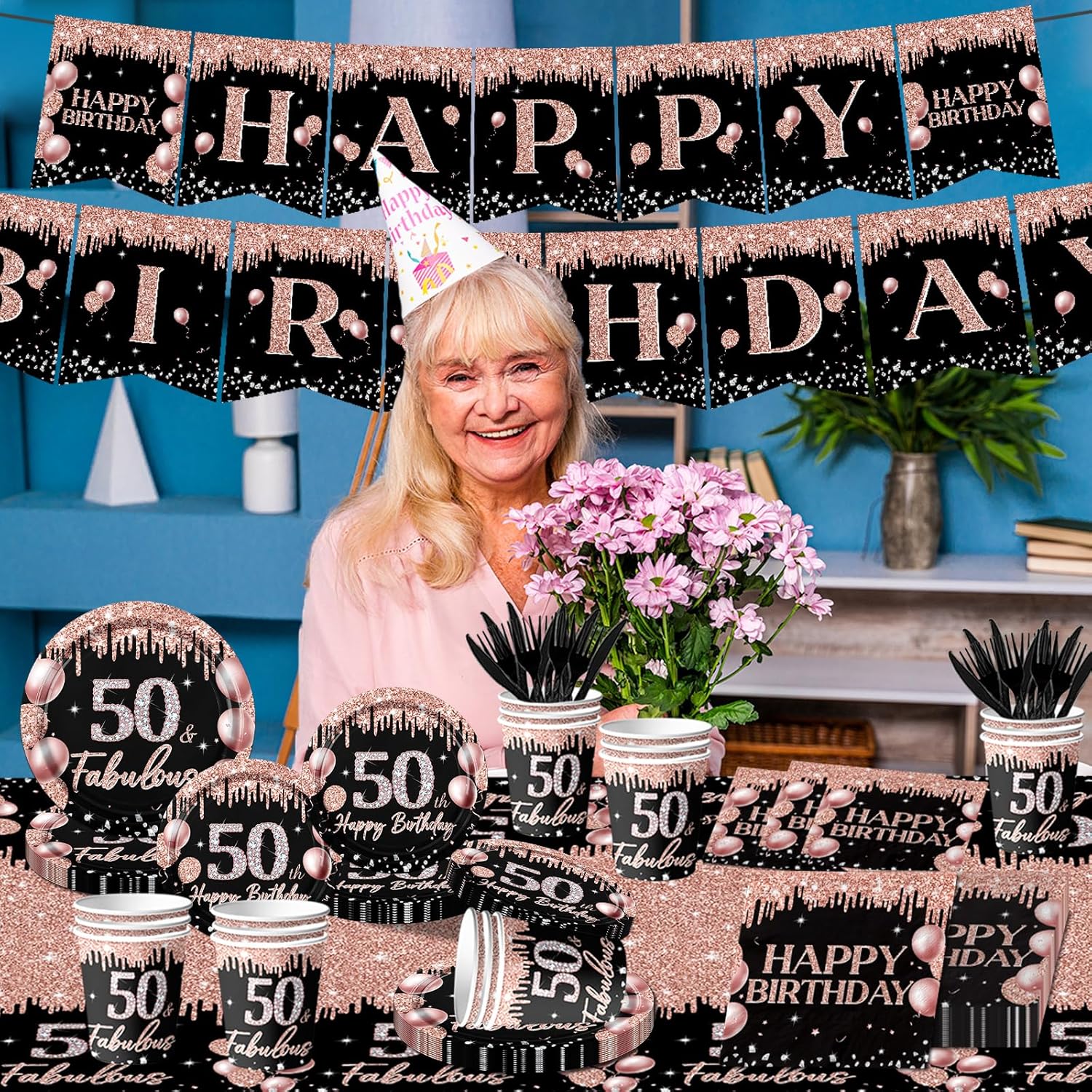 HAKOTI 142Pcs 50th B'day Tableware Decor,Black Rose Gold Tableware Set 50th B'day Plates and Napkins Cup Rose Gold Tablecloth Happy B'day Banner Women B'day Disposable Supplies Serve 20