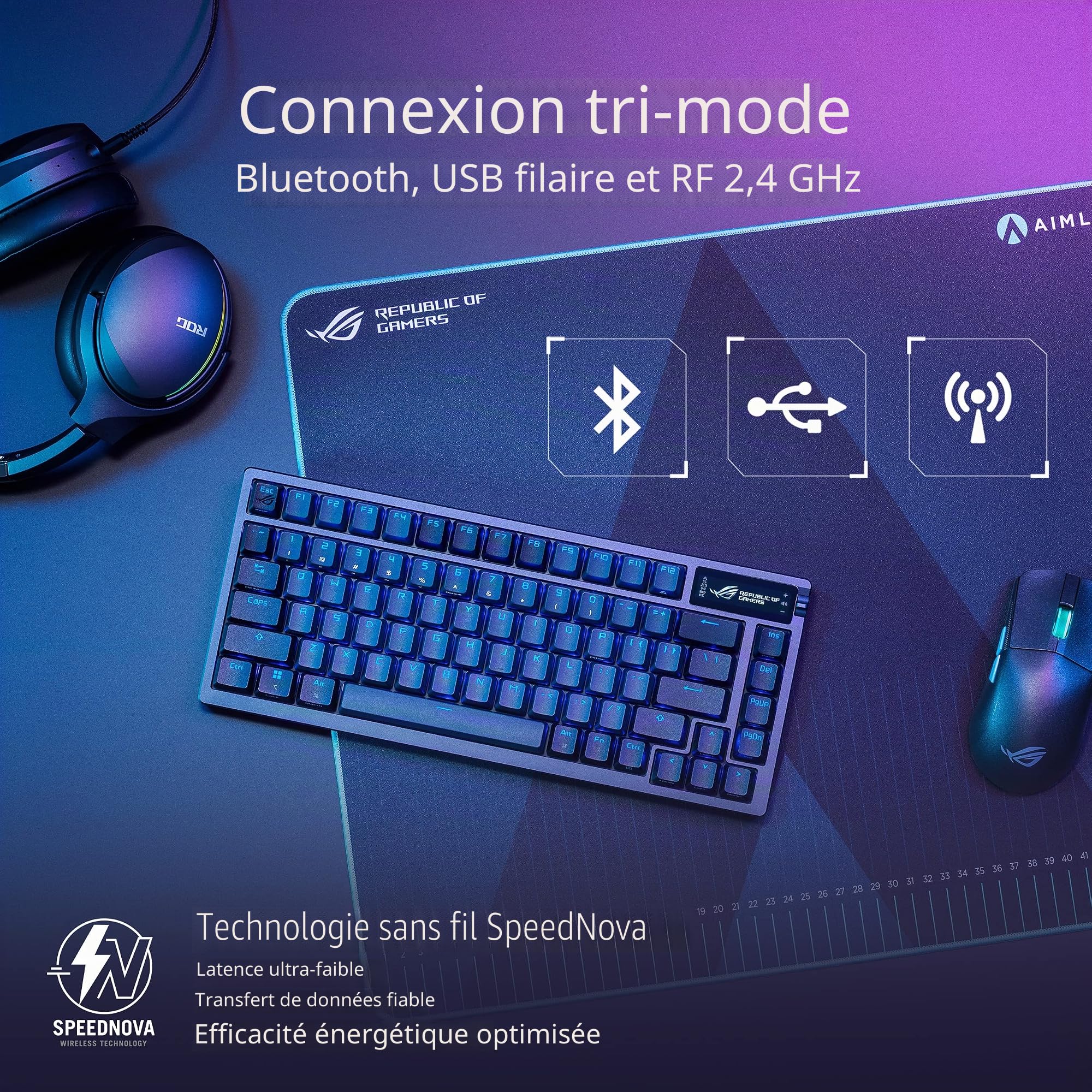 ASUS ROG Azoth - Clavier mécanique Gaming 75%, boîtier métallique, Switch ROG NX Réseau lubrifié, ABS, kit de lubrifiage, IR, BT et USB-C, écran OLED, Trois hauteurs et Compatible avec Mac - QWERTY