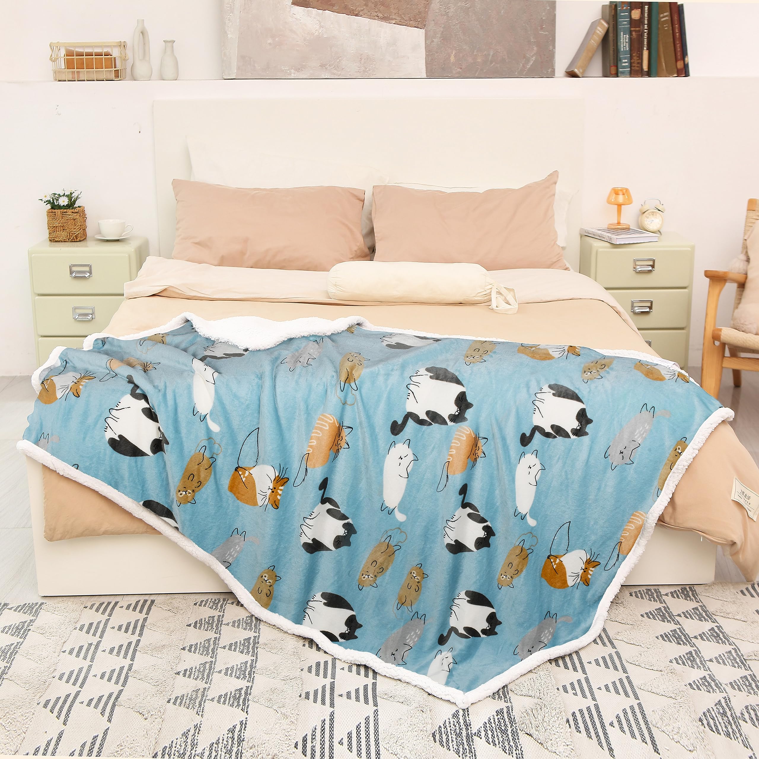 Catalonia Classy Sherpa Decke Katze Blau Kuscheldecken, Extra Dicke Warm Sofadecke Couchdecke in zweiseitig, Super Flausch Fleecedecke als Sofaüberwurf oder Wohnzimmerdecke 150x130cm