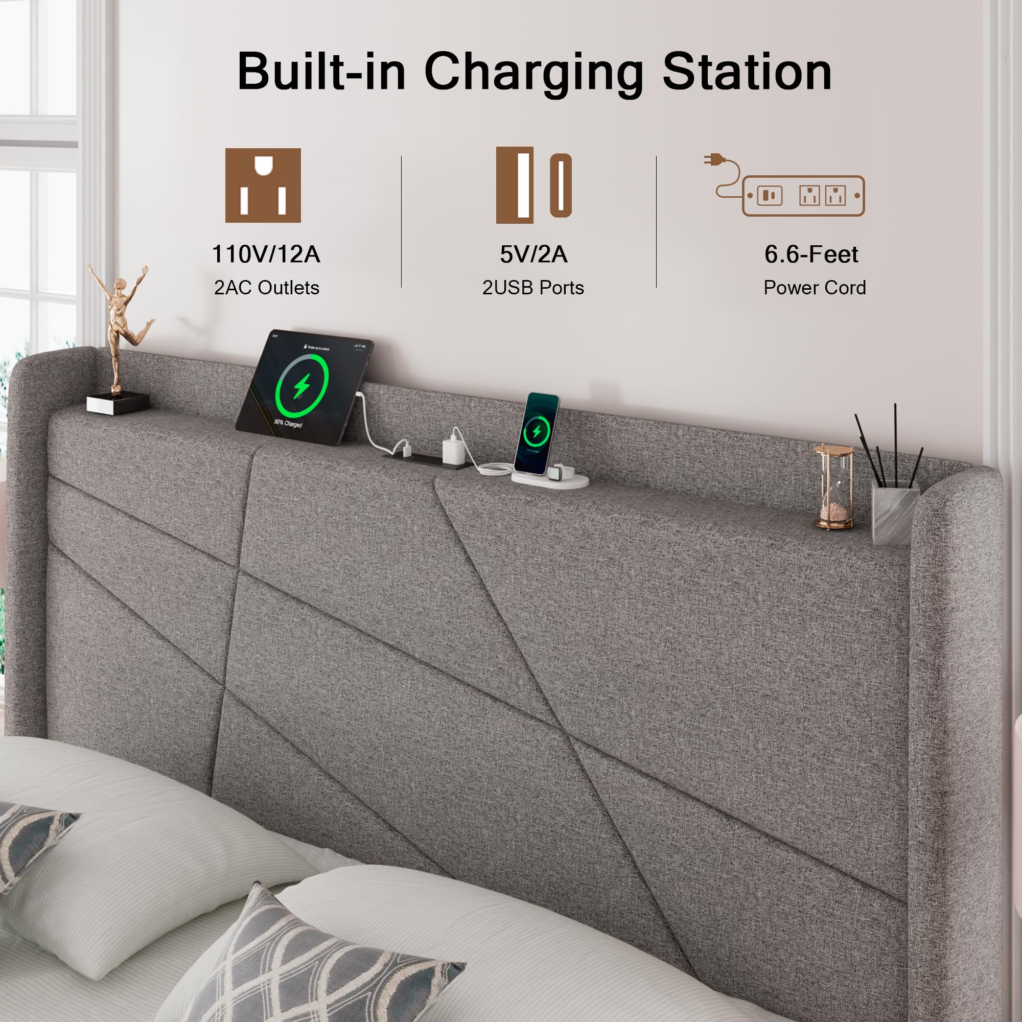 Queen Size Lift Up Bed Frame with Charging Station, Upholstered Bed ...