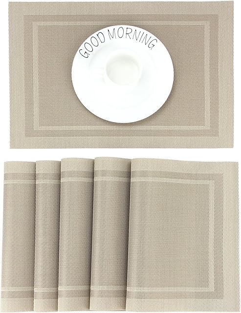 CHAOCHI Placemats set of 6,Easy to Clean Non-slip Heat Resistant Dining Table Mats,Washable Crossweave Woven Vinyl PVC Place mats,45CM x 30CM (Beige)