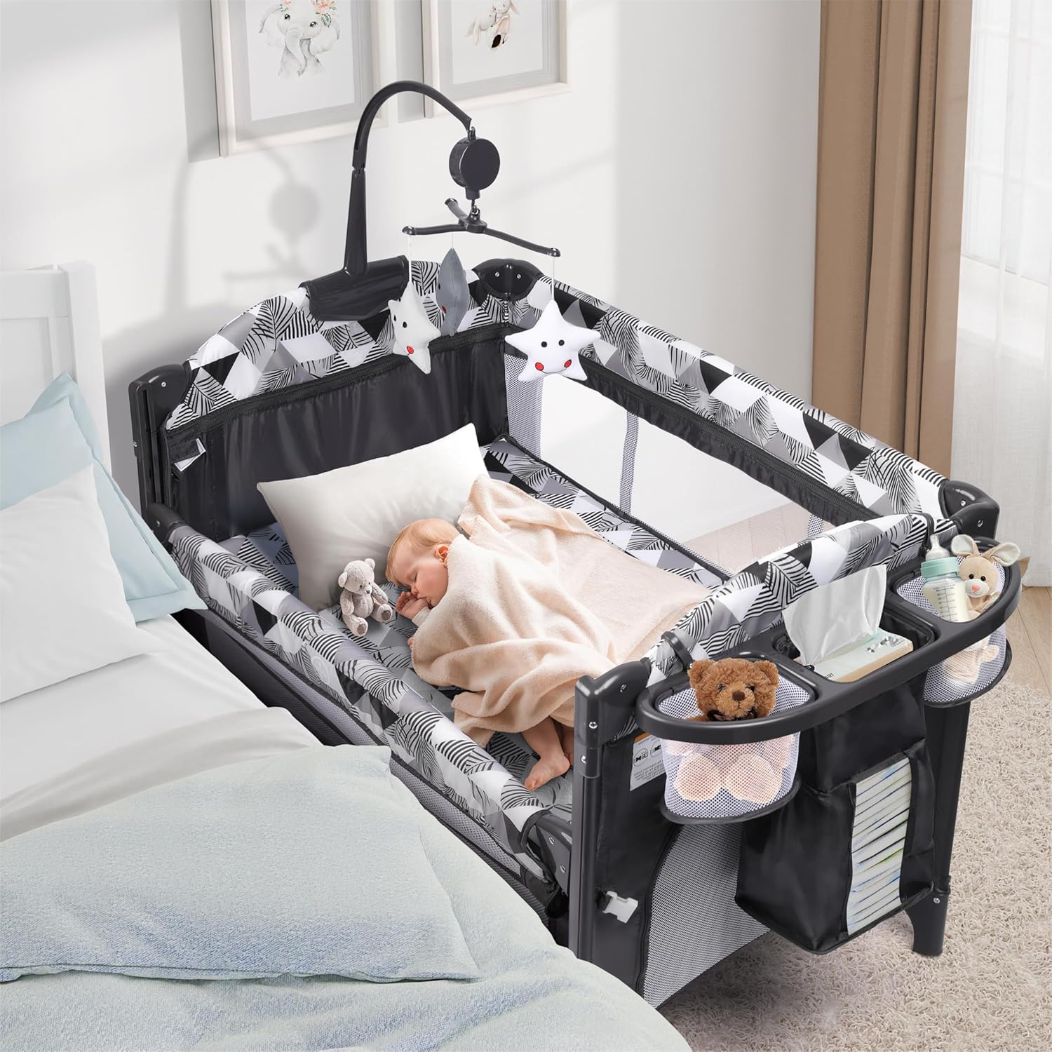 Xilingol 5-in-1 Baby Bassinet Bedside Sleeper, Portable Pack and Play with Changing Table, Baby Crib with Carry Bag, Cosleeper Attach to Bed for Newborn to Toddlers