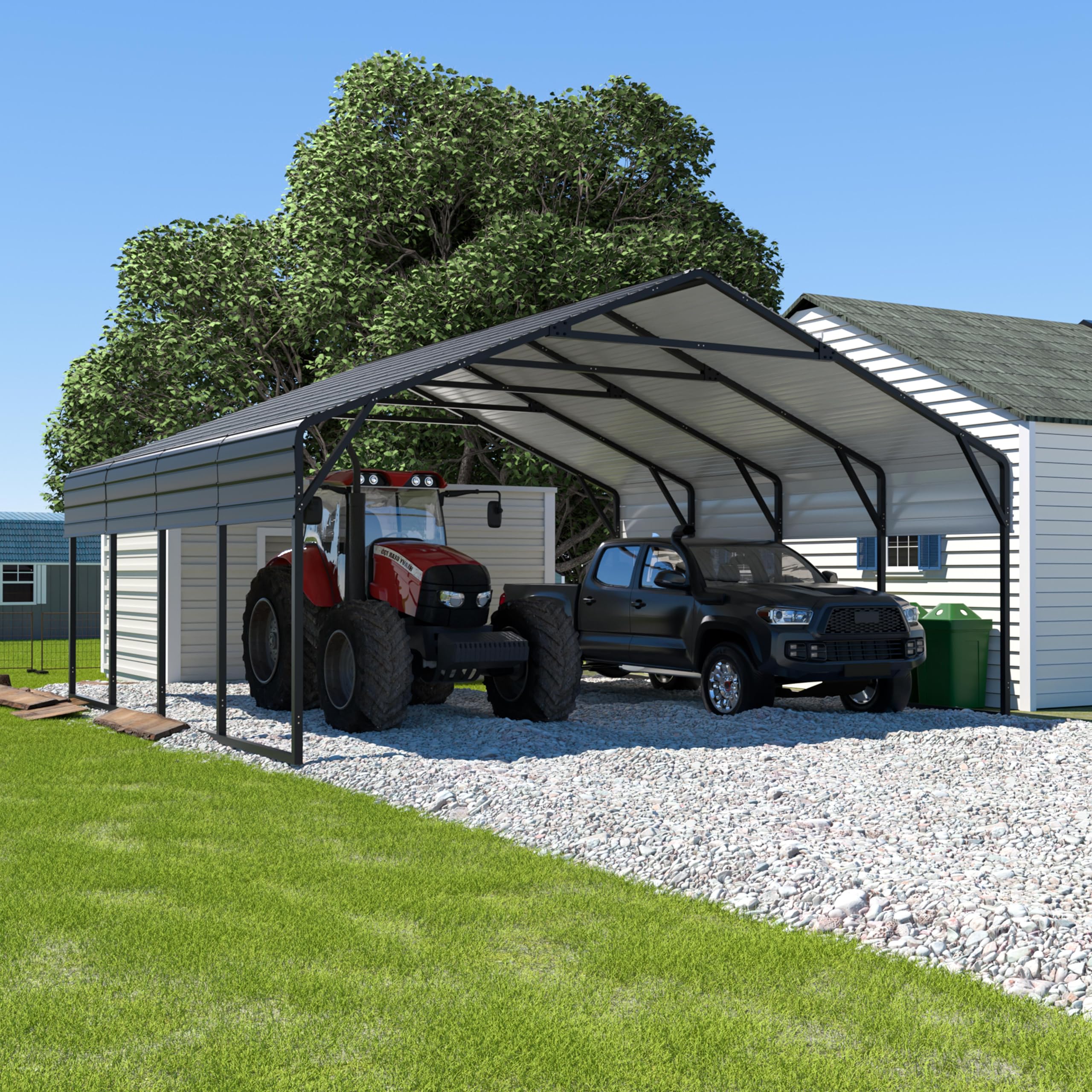 MUPATER 20' x 20' Outdoor Heavy Duty Metal Carport, Garage Car Shelter Shade, Carport Canopy with Heavy Metal Frame, Roof and Bolts for Car, Trucks, Boats, Grey