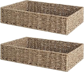 StorageWorks Large Seagrass Tray for Bathroom, Seagrass Storage Baskets for Shelves, Handwoven Natural Wicker Baskets for Organizing, 2-Pack