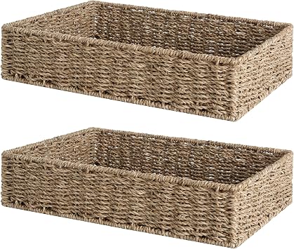 StorageWorks Large Seagrass Tray for Bathroom, Seagrass Storage Baskets for Shelves, Handwoven Natural Wicker Baskets for Organizing, 2-Pack | Handwoven Seagrass Trays for Decor & Organizing, Shallow Rectangle Wicker Tray for Coffee Table, Living Room, Natural, 2-Pack
