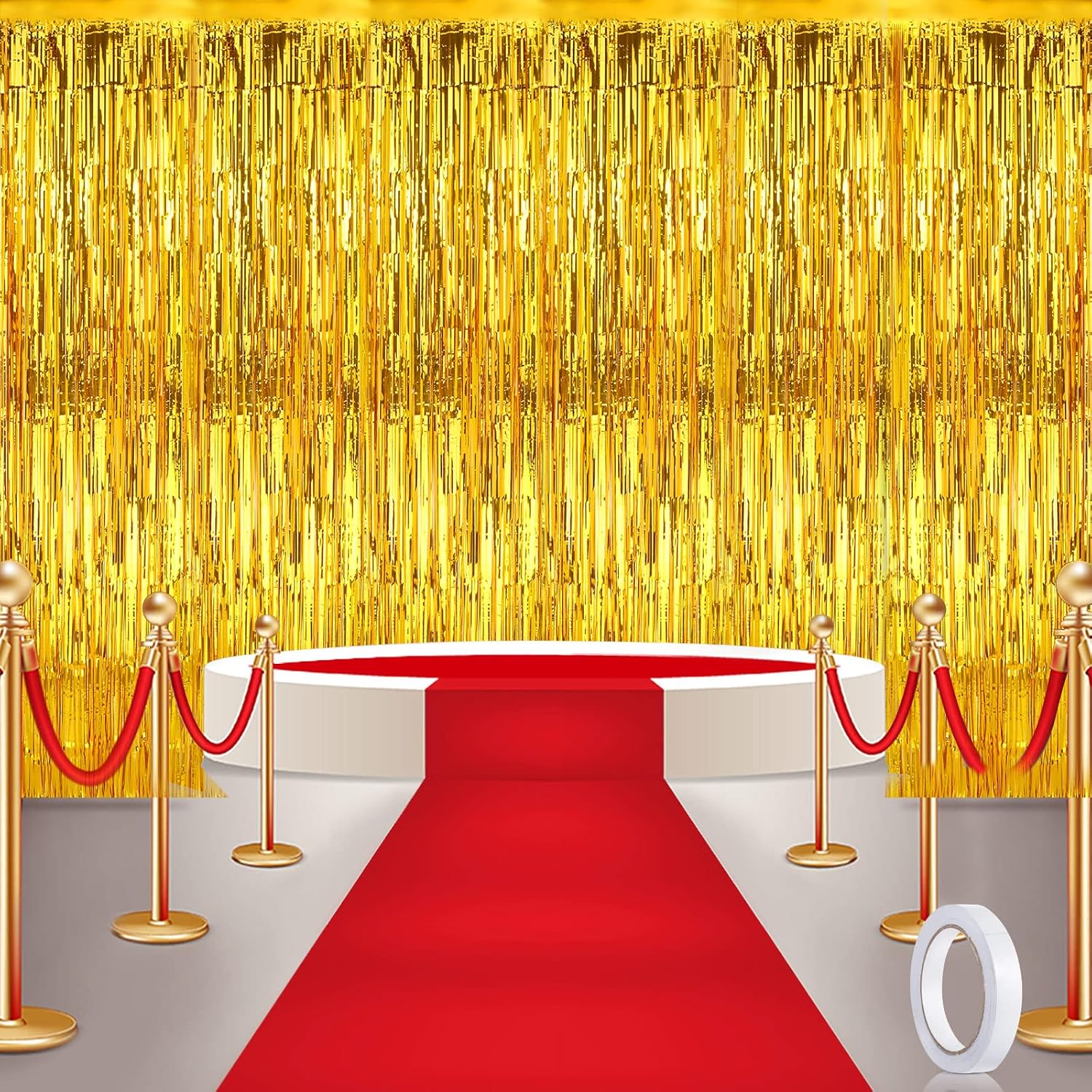 Tegeme Carpet Runner Aisle 2.6 x 30 Feet with Carpet Tape and 4 Pieces of 8.2 x 3.2 Feet Metal Tinsel Tassel Curtains for Halloween Birthday Wedding Party Decoration(Red)