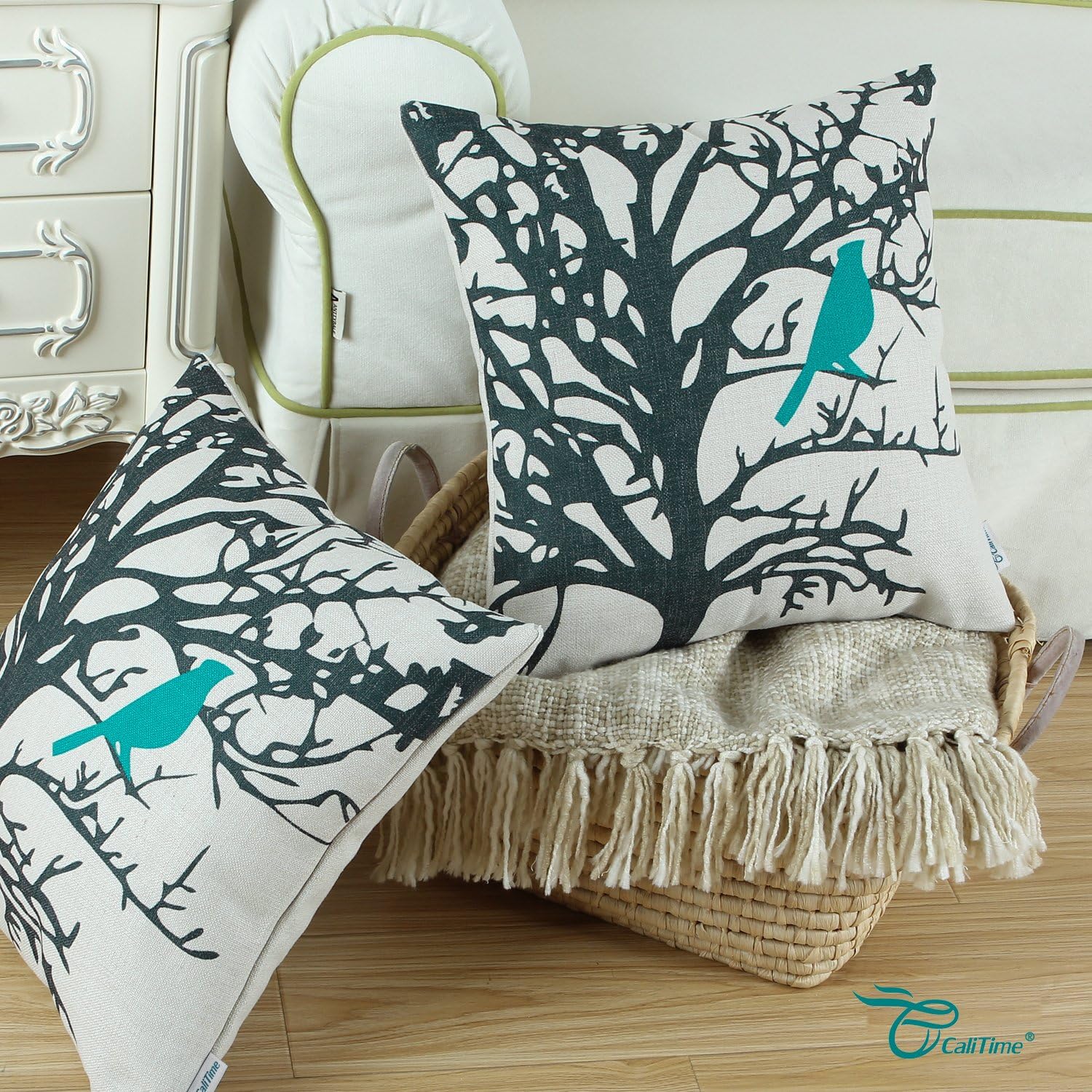CaliTime Canvas Throw Pillow Cover Case for Couch Sofa Home Decoration Cute Bird Tree Branches Silhouette 18 X 18 Inches Teal Black