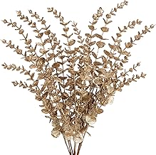 8PCS Christmas Eucalyptus Leaves Glitter Eucalyptus Stems, 65CM Champagne Gold Artificial Christmas Tree Decorations, Fake Foliages Xmas Ornaments for Wedding, Party, Flower Arrangement, Wreath Decor