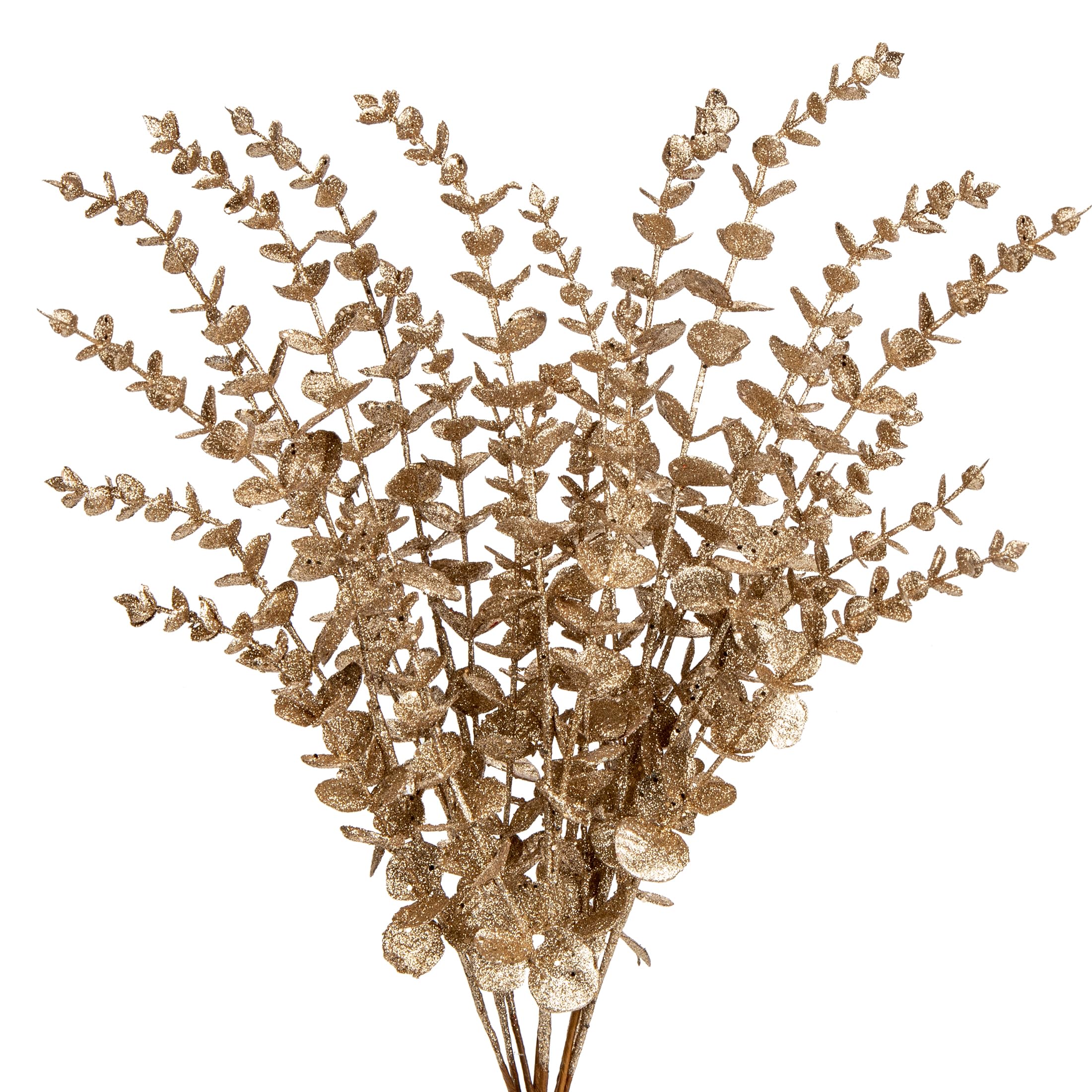 8PCS Christmas Eucalyptus Leaves Glitter Eucalyptus Stems, 65CM Champagne Gold Artificial Christmas Tree Decorations