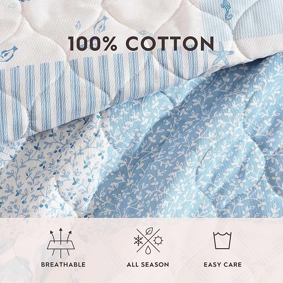 Laura Ashley Twin Quilt Set, Soft Bedding with Matching Sham, Medium Weight, Patchwork Style Room Decor, College Dorm Room Essentials (Colleens Coastal Blue)