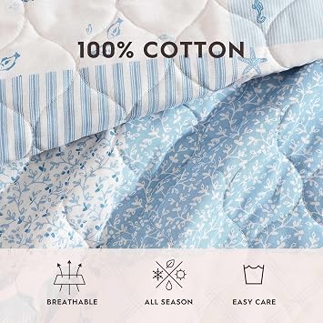 Laura Ashley Twin Quilt Set, Soft Bedding with Matching Sham, Medium Weight, Patchwork Style Room Decor, College Dorm Room Essentials (Colleens Coastal Blue)