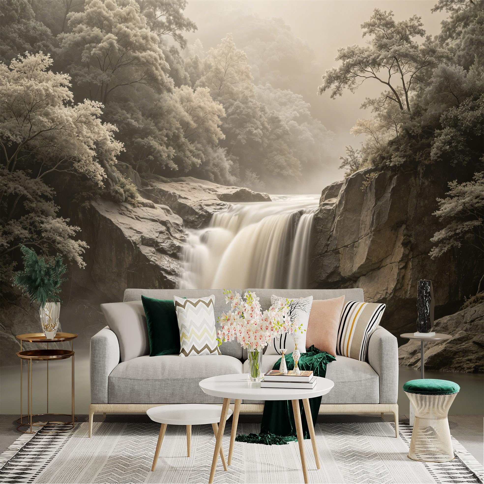 Lnzczhyre Dbh260521239 Custom Size Wall Sticker Mural， Serene Waterfall In Misty Forest， Cascading Stream， Soft Neutral Tones， For Wall Decoration， Peelandstick Wall Decals.