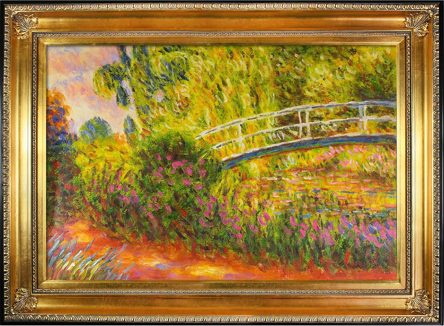 La Pastiche overstockArt The Japanese Bridge Lily Pond, Water Irises with Verona Gold Braid Framed Oil Painting, 40.75" x 28.75", Multicolor (MON2660-FR-870901324X36)