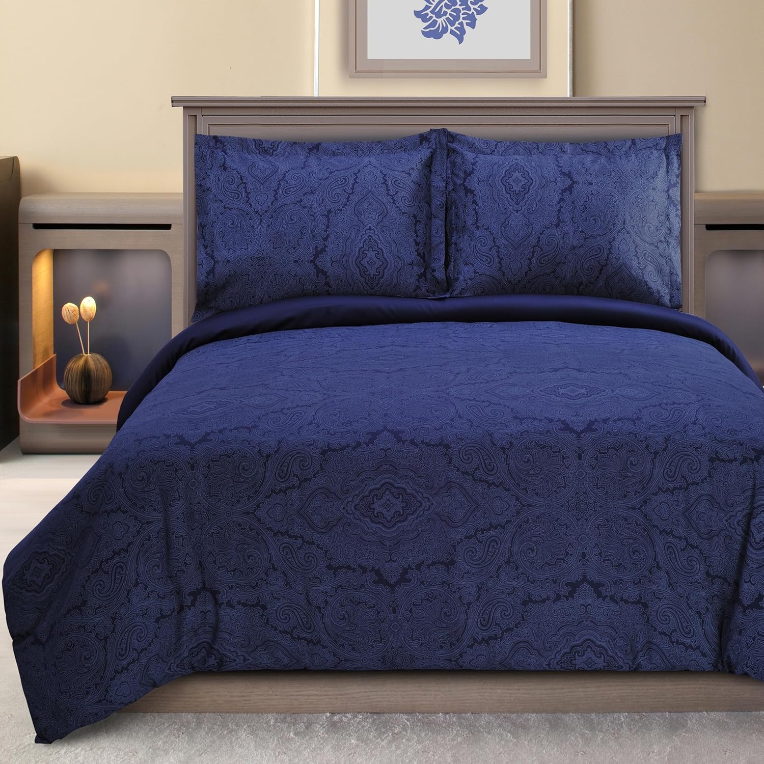 Superior Italian Paisley Cotton Blend 600 Thread Count Duvet Cover Set, Oversized Comforter Cover, Floral Bedding Essentials, Button Closure, Includes 1 Duvet Cover, 2 Pillow Shams, Full/Queen, Blue