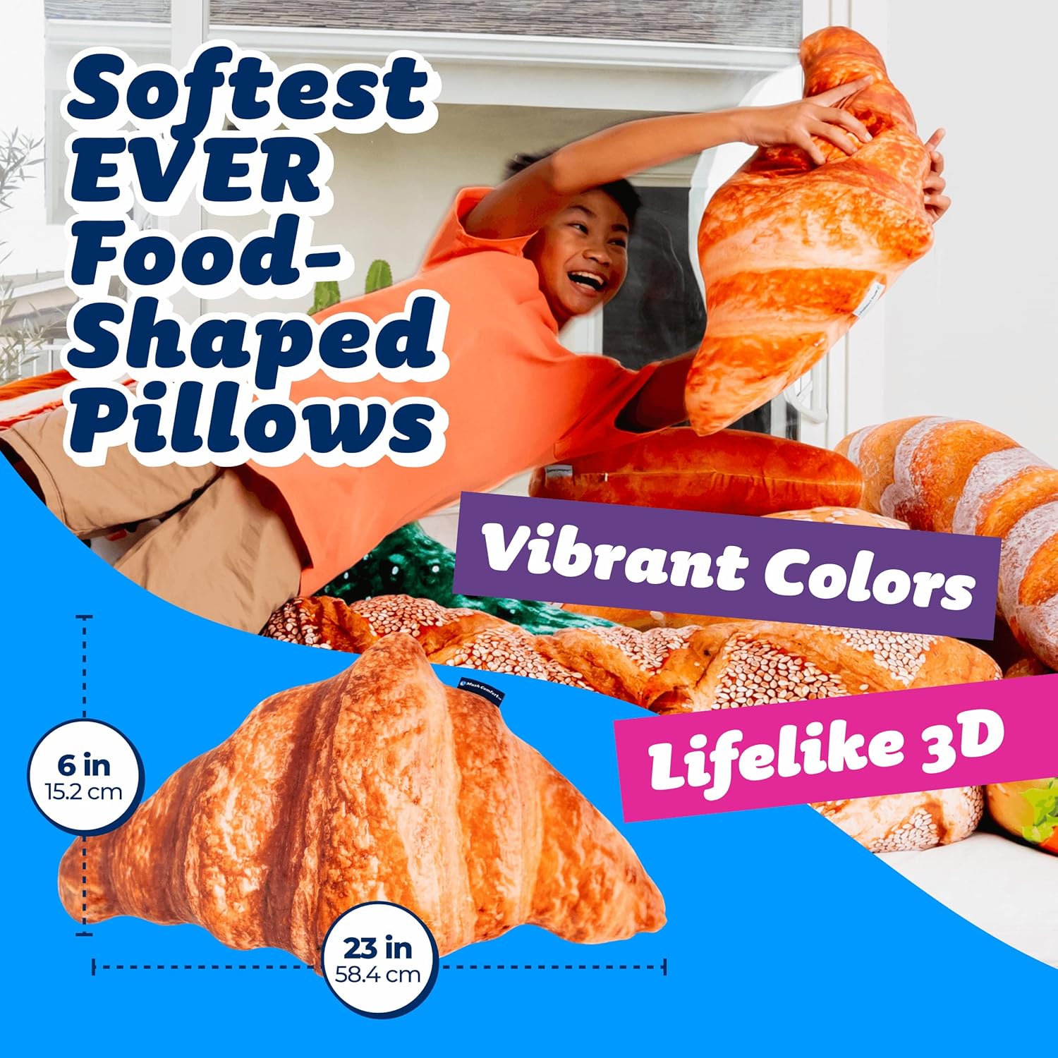 Much Comfort 23" 3D Flaky Croissant Throw Pillow - Made with Super Soft & Ultra Premium Fabric - Cute, Comfortable, Plush, Stuffed French Loaf Bread Toast Cushion for Home Decor - Funny Gift - Medium