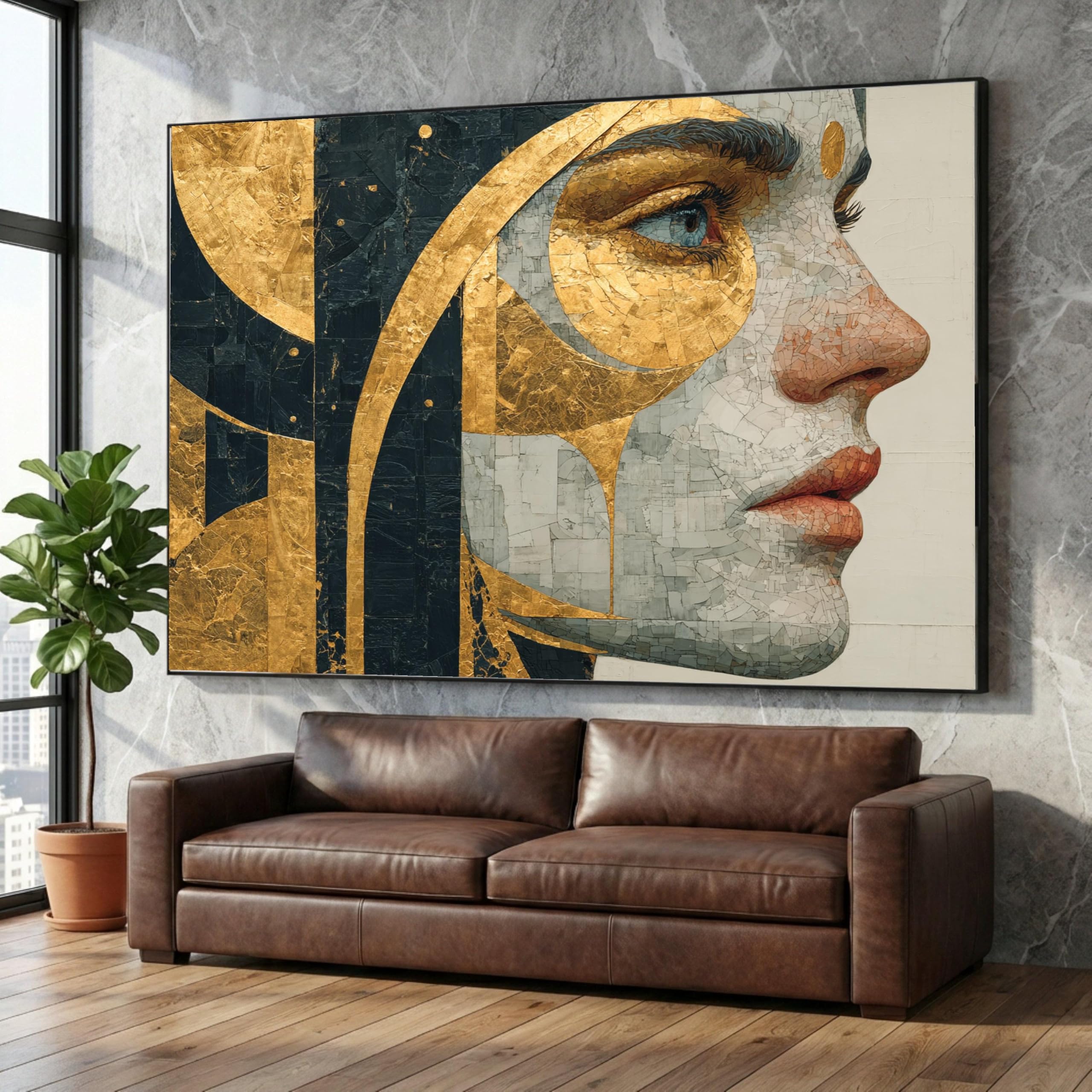 TONGYINLI Abstract Woman Profile Canvas Painting, Gold and Black Geometric Face Art, Female Portrait Wall Pictures Luxe Decor(70x110cm/Frameless)