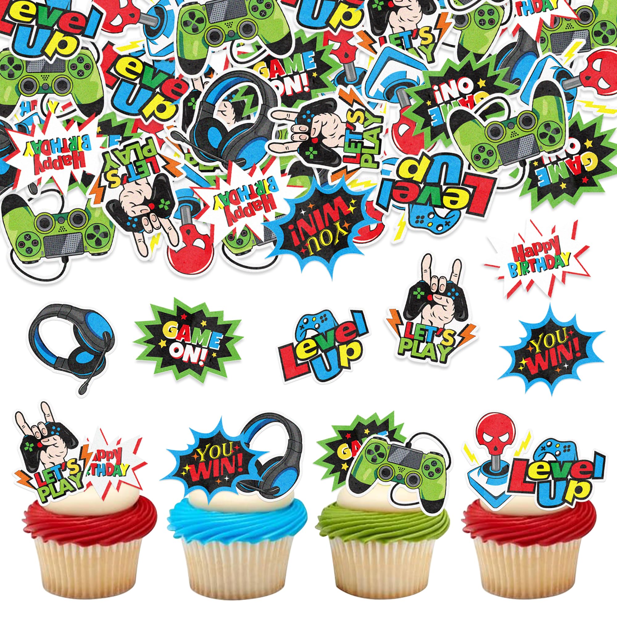Ercadio 40 Pack Edible Game Cupcake Toppers Game On Level Up Cupcake Drink Topper Picks Game Happy Birthday Cupcake Picks for Game Theme Baby Shower