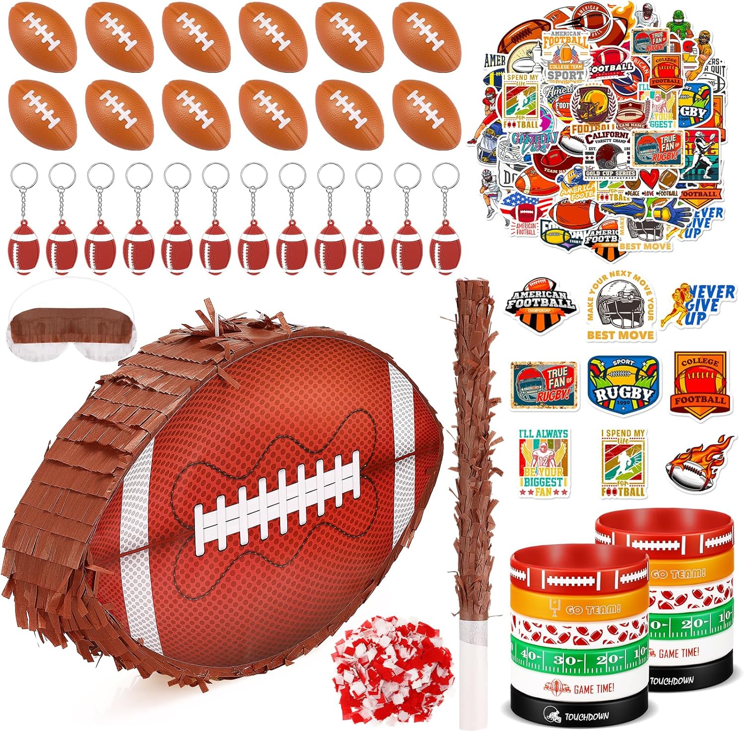 Meooeck 90 Pcs Football Party Favors Includes Football Piñata Blindfold Confetti Piñata Stick Mini Sports Stickers Keychains Bracelets Birthday Party Decorations for Sport Themed Supplies