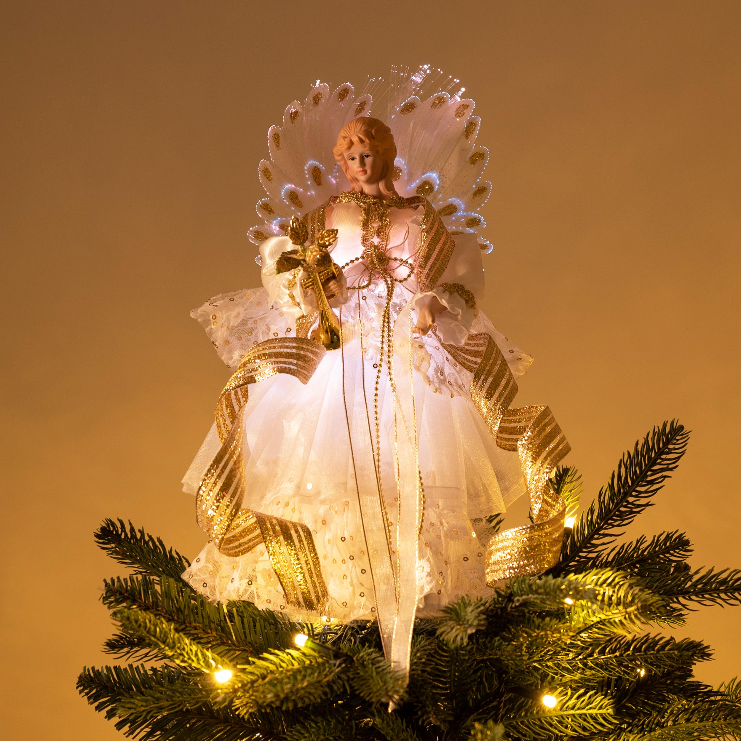 Valery Madelyn 32cm Weihnachtsengel Weihnachtsbaumspitze Weihnahctdekorationen Engel Christbaumspitze mit 10 batteriebetrieben warmen LED-Lichtern Weiß Golde（L）