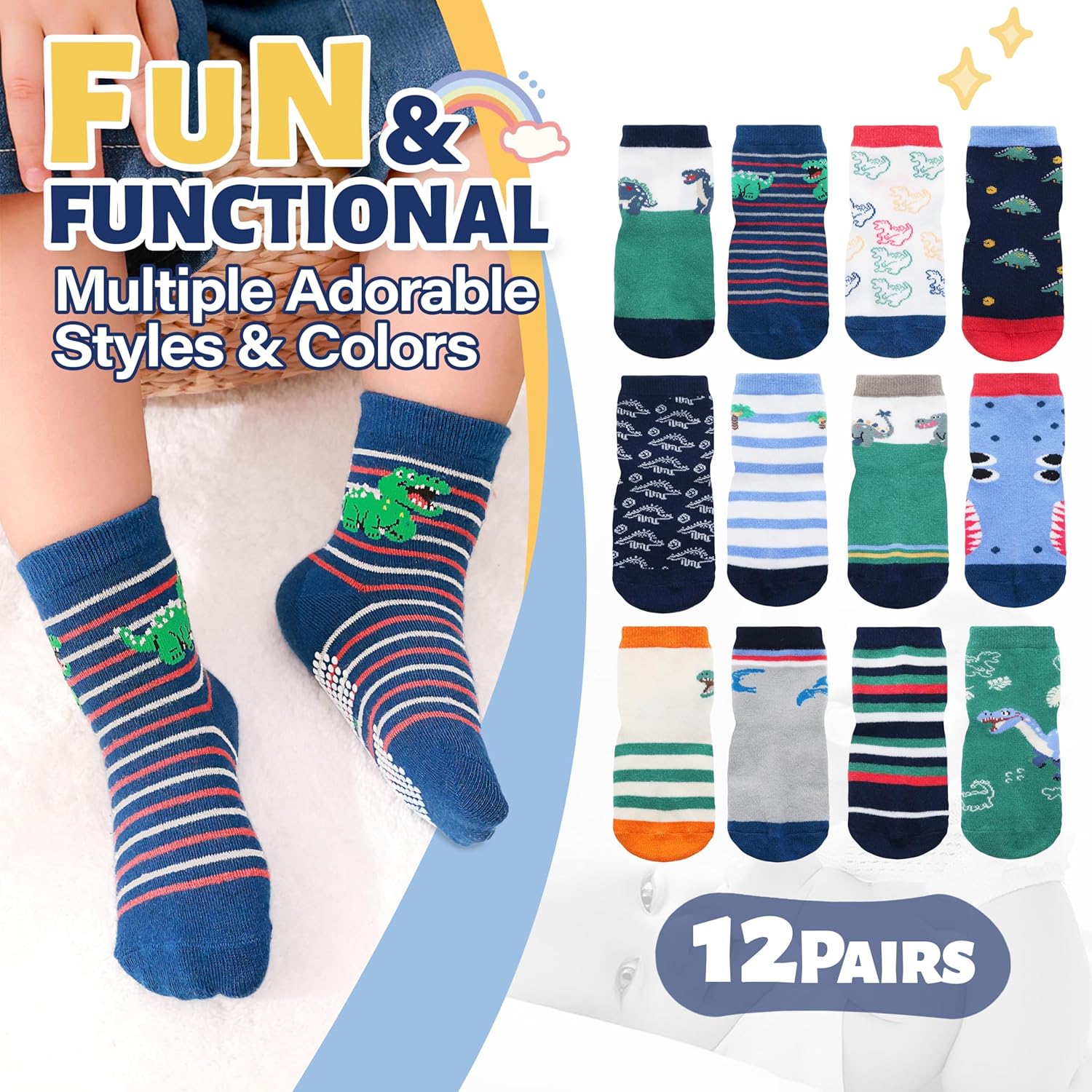 ANTSANG Toddlers Boys Girls Grip Socks Baby Kids Non Slip Anti Skid Fun Sweet Car Dinosaur Crew Cotton Gift Socks 12 Pairs - Image 2