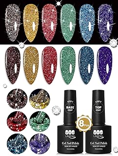 YTD Likomey Esmaltes Semipermanentes Reflectante Brillantina Glitter Kit,6 Colores Pintauñas Permanentes de Uñas en Gel UV Purpurina con Base y Capa Superior,Brillo de Diamante