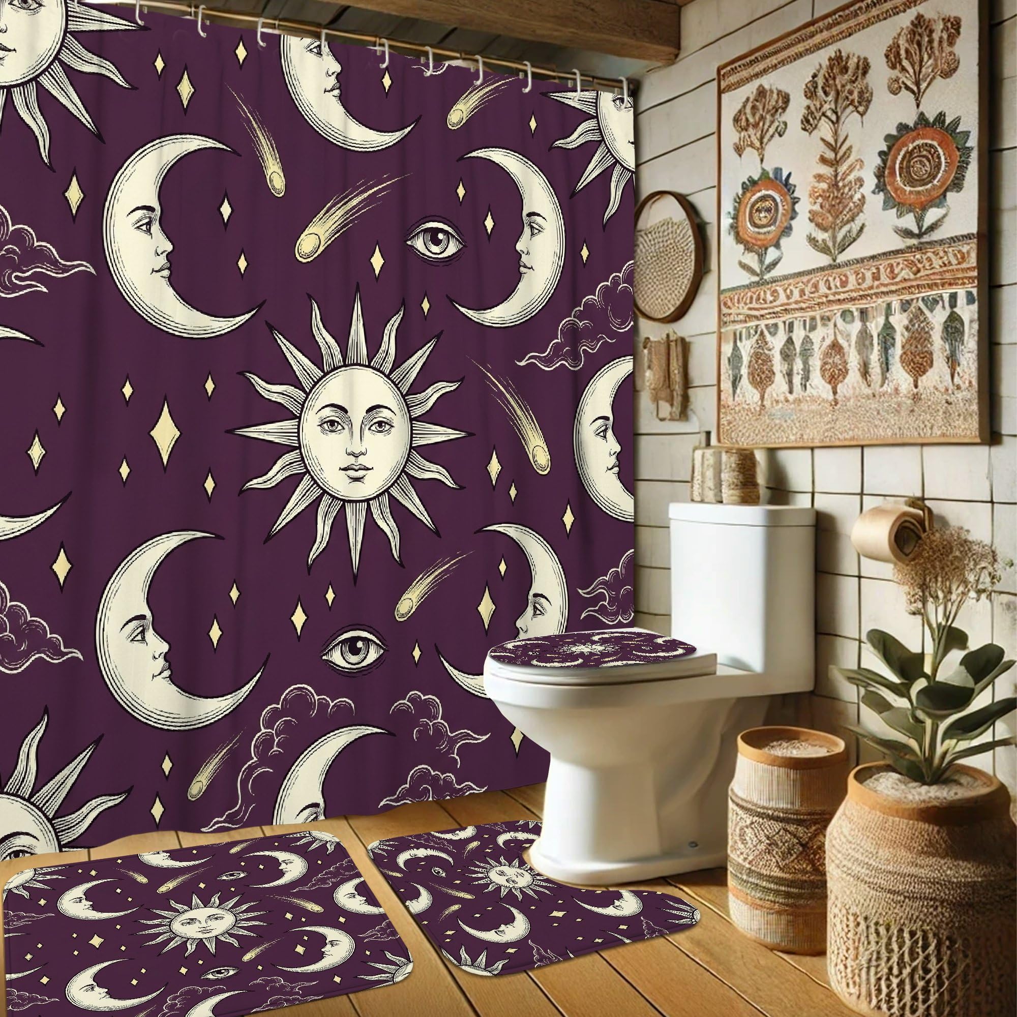 Rideau de douche imperméable violet motif lune soleil 183x183 cm