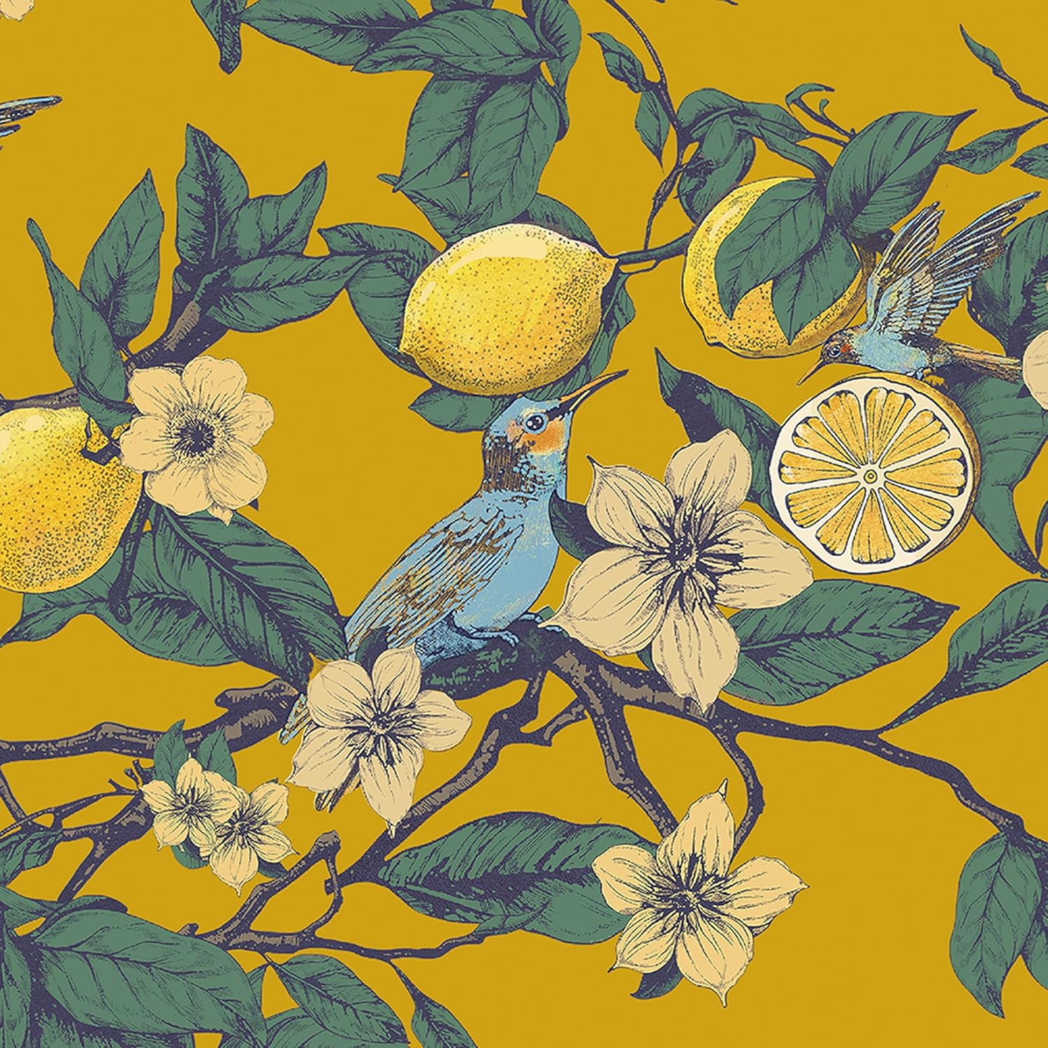 NICETOWN Mustard Yellow Vintage Curtains 84 Inches Long, Mid Century Illustration Style Lemon Hummingbird Patterned Room Darkning Drapes for Living Room, Bedroom, Thermal Drapes 2 Panels, W52 x L84 in