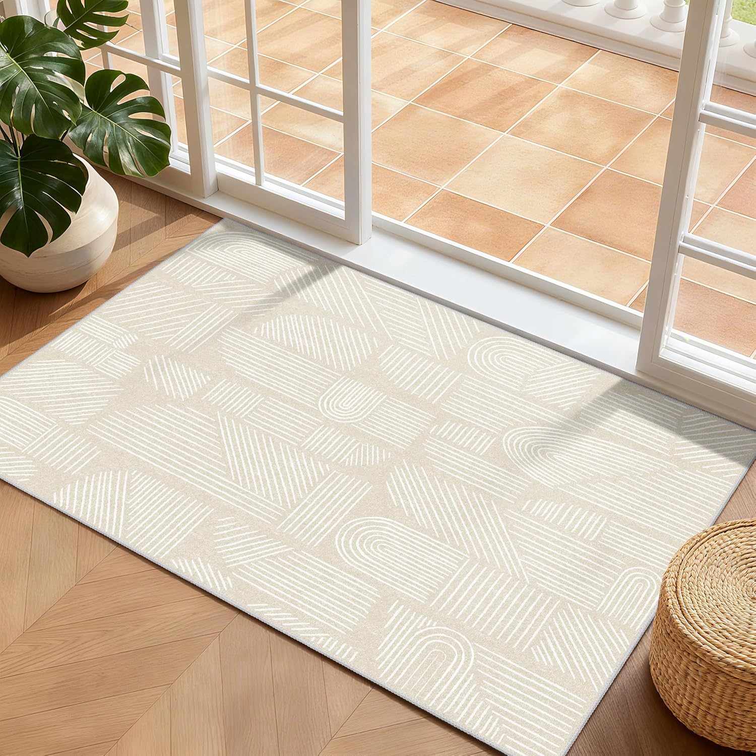 MUJOO 2x3 Washable Rug,Mid Century Modern Abstract Non Slip Low Pile Small Area Rug,Neutral Beige and White Rug for Entryway Bathroom Kitchen Bedroom