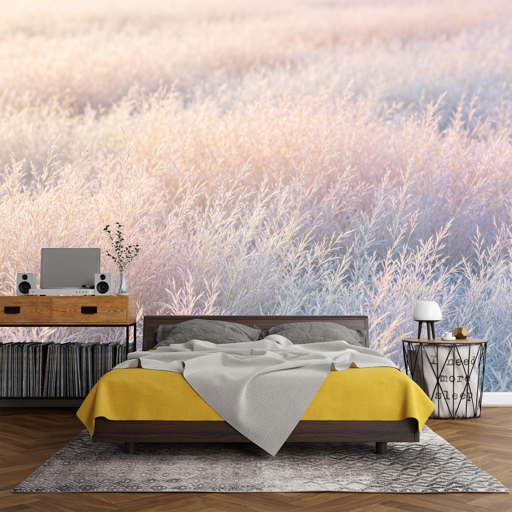Custom Size Wall Mural， Botanical Pastel Meadow Sunrise Grasses Landscape，SelfAdhesive Art Prints wall Fabric (No PVC) Removable Wallpaper Living Room Decor