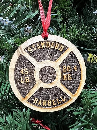 Miniatura 4 de Juego de 4 adornos de madera para árbol de Navidad para levantamiento de pesas, incluye placa de peso, barra, pesa rusa y mancuerna, grabado con