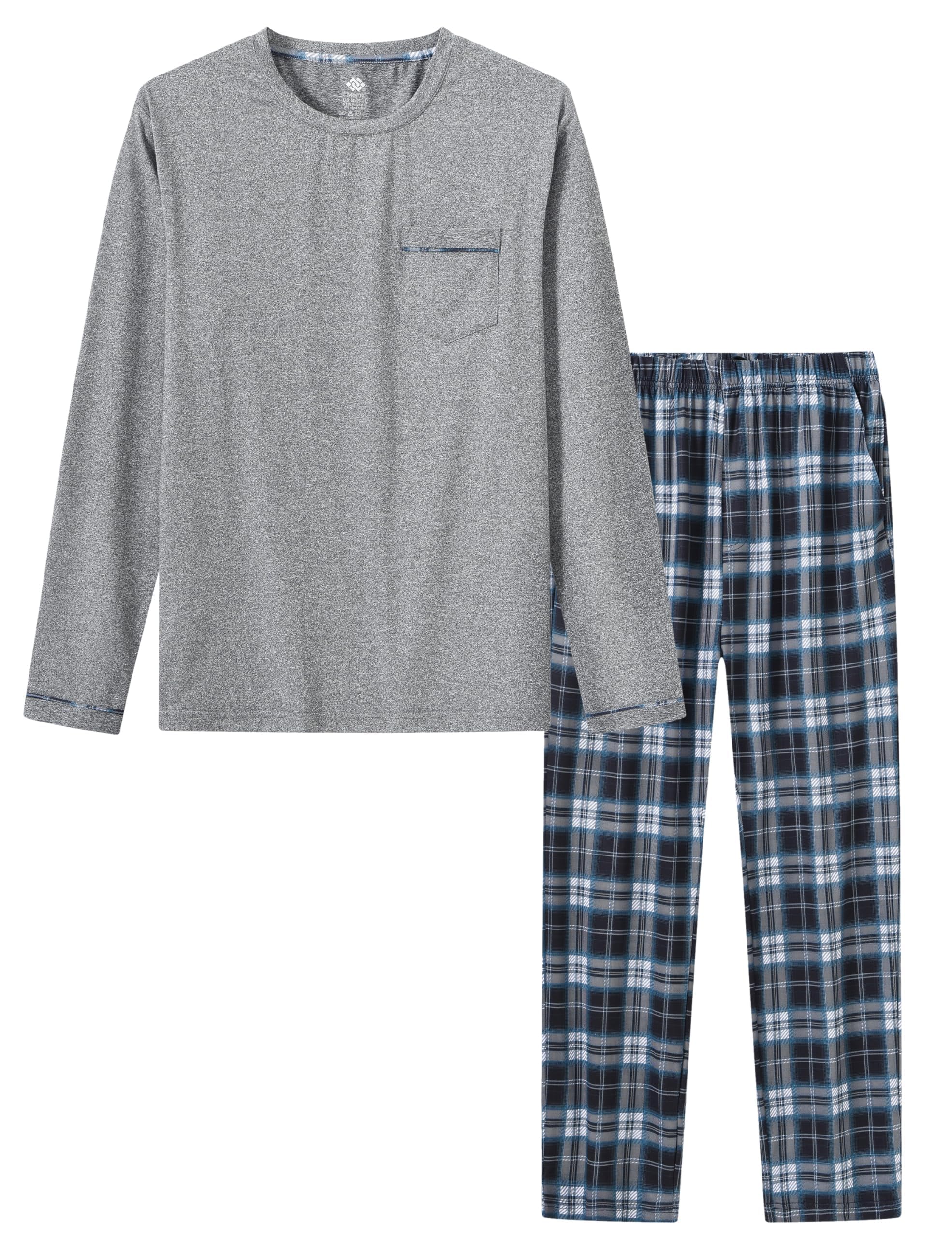 MoFiz Herren Schlafanzug Lang Pyjamaset Winter Weich Warme Langarm Shirt und Karierte Pyjamahose Lange Loungewear Nachtwäsche Set mit Brusttasche