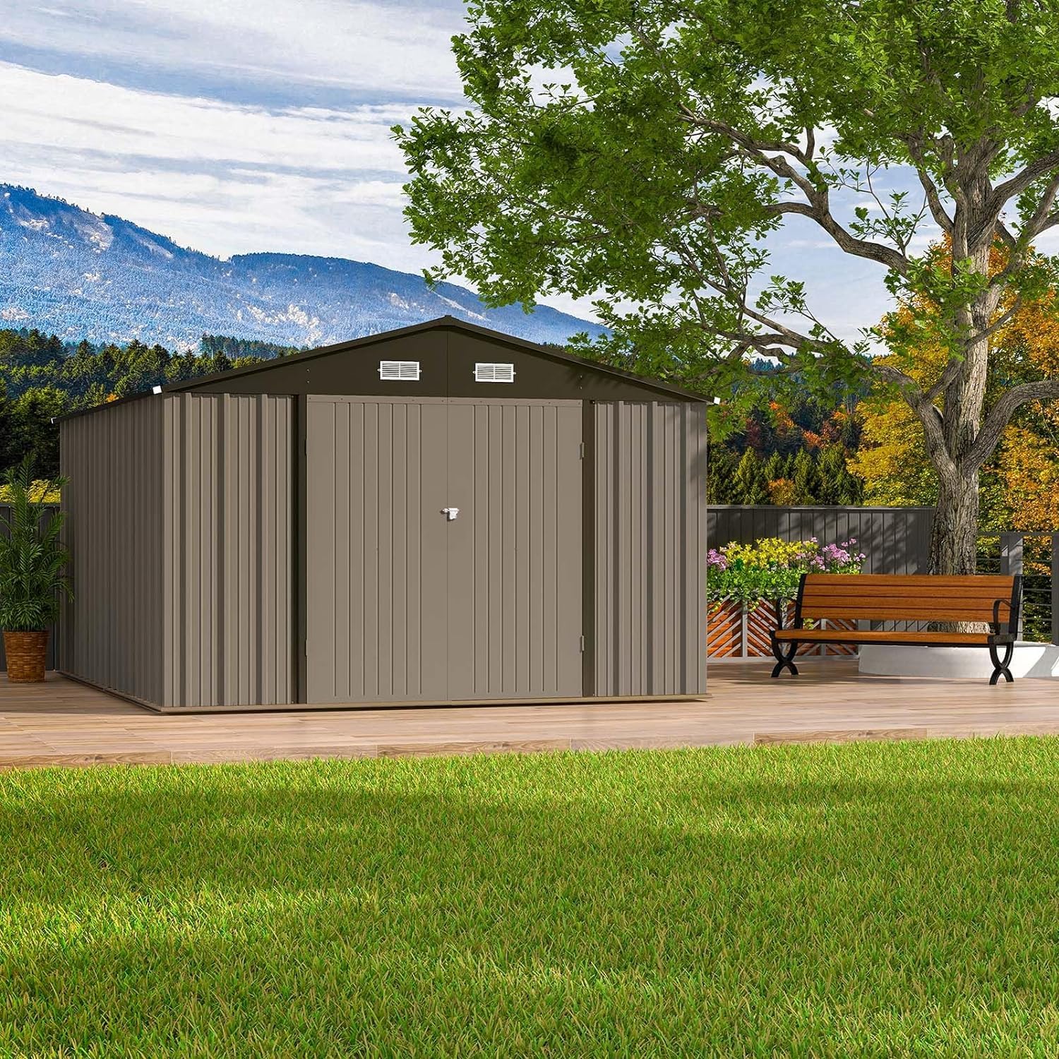 ( Incomplete ) Metal Storage House, 8x12 FT Double Door Outdoor Metal Storage shed, Ventilation Openings, Lockable Doors and Windows, Safe Design & Sturdy, Durable Suitable, for garages, courtyards, Brown.