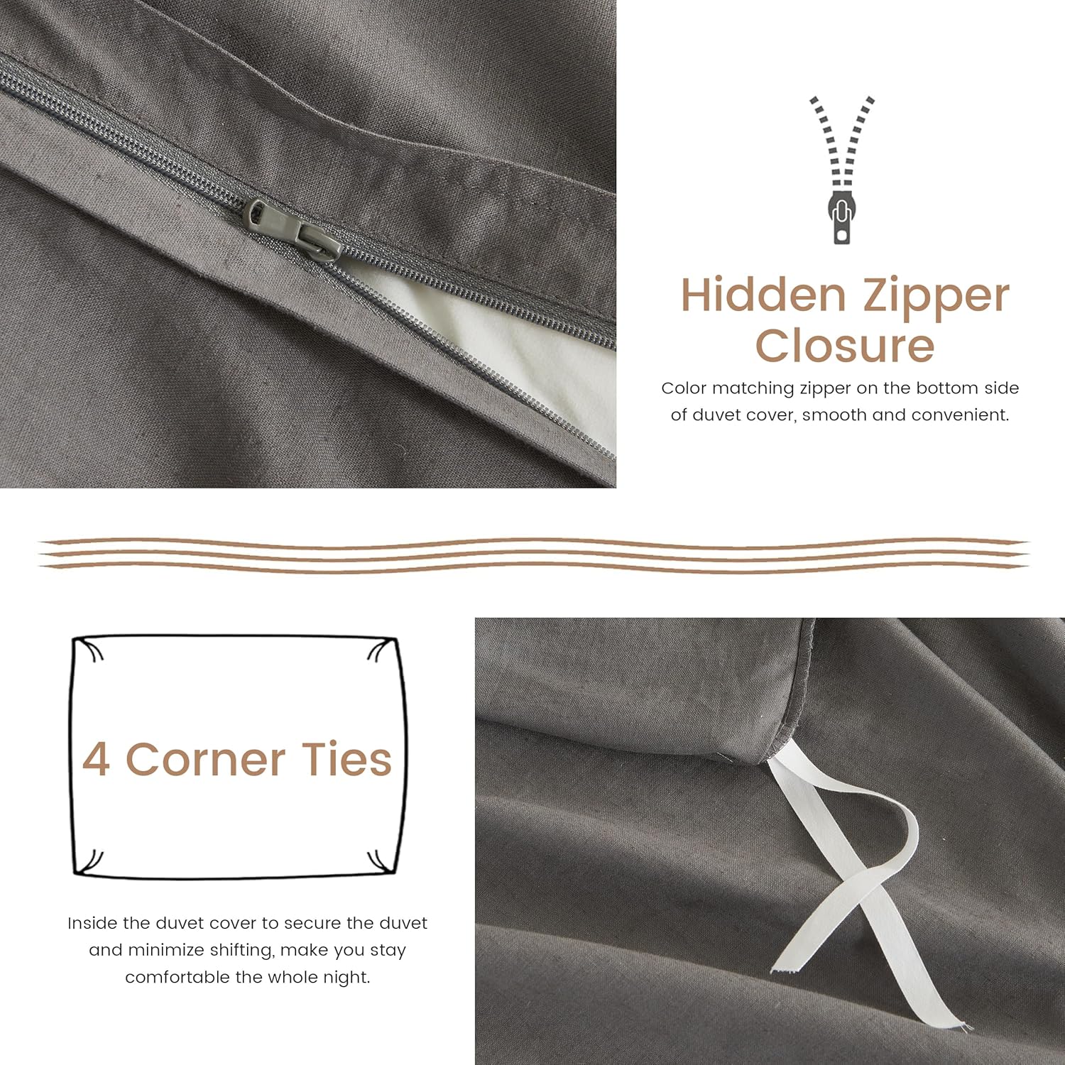 BISELINA French Linen Duvet Cover Set 2pcs with Hidden Zipper Closure Natural Flax Cotton Blend Solid Color Soft Breathable Luxury Farmhouse Bedding - Twin Size, Dark Grey