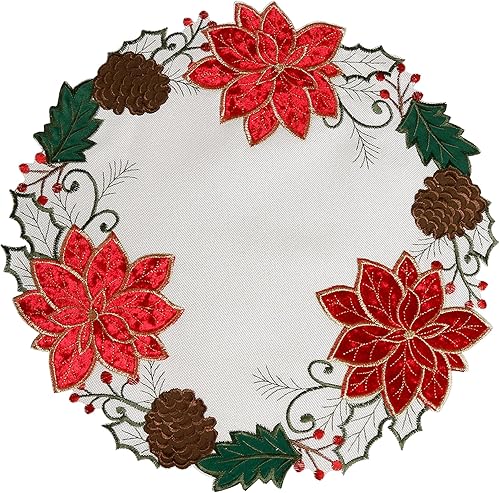 OWENIE Juego de 4 manteles individuales de Navidad, manteles individuales bordados de flor de pascua roja, manteles individuales redondos de tela