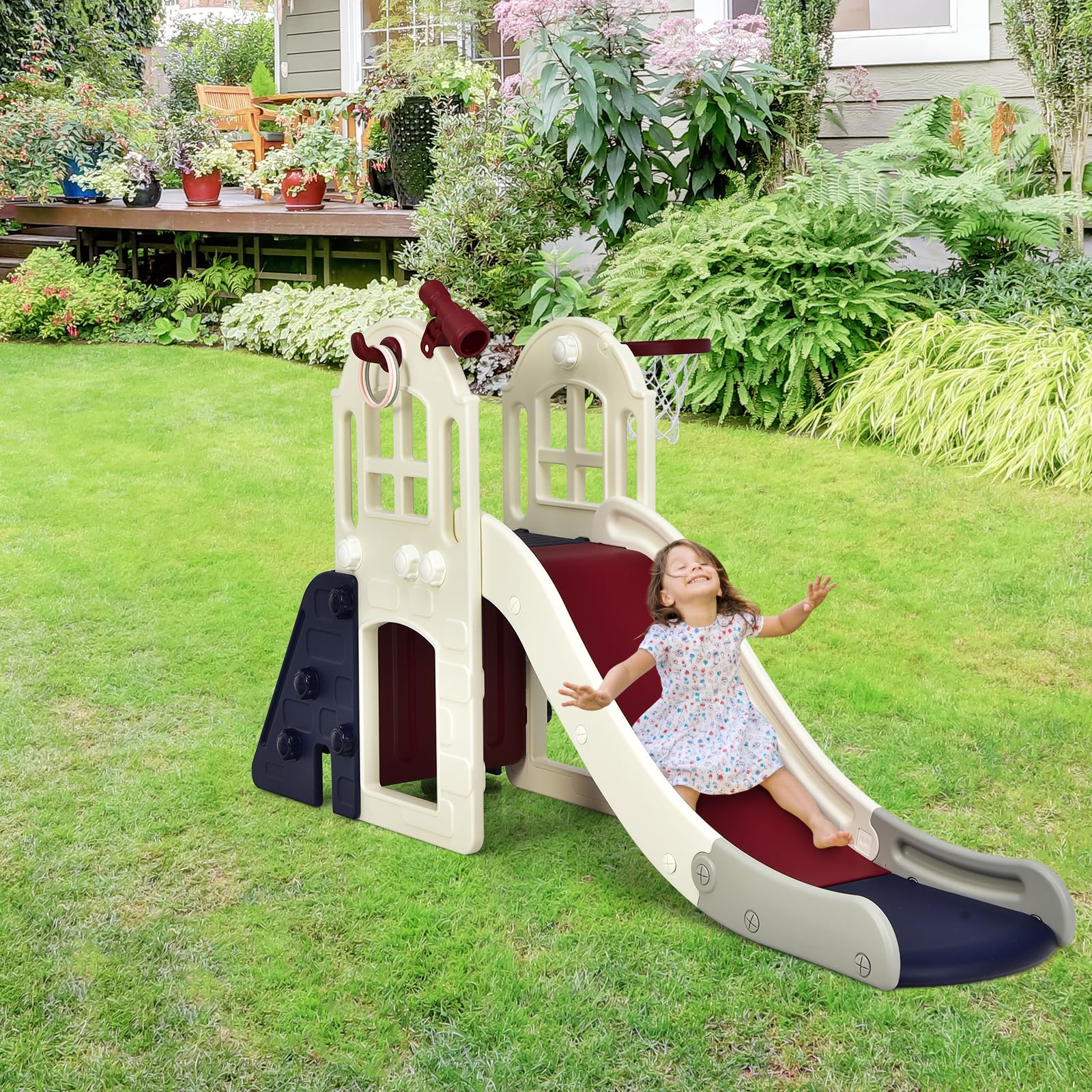 HOMASIS Parco Giochi con Scivolo, Canestro da Basket e Telescopio per Bambini 3+ Anni - Set per Interni ed Esterni, 189,5 x 83 x 98 cm (Blu)