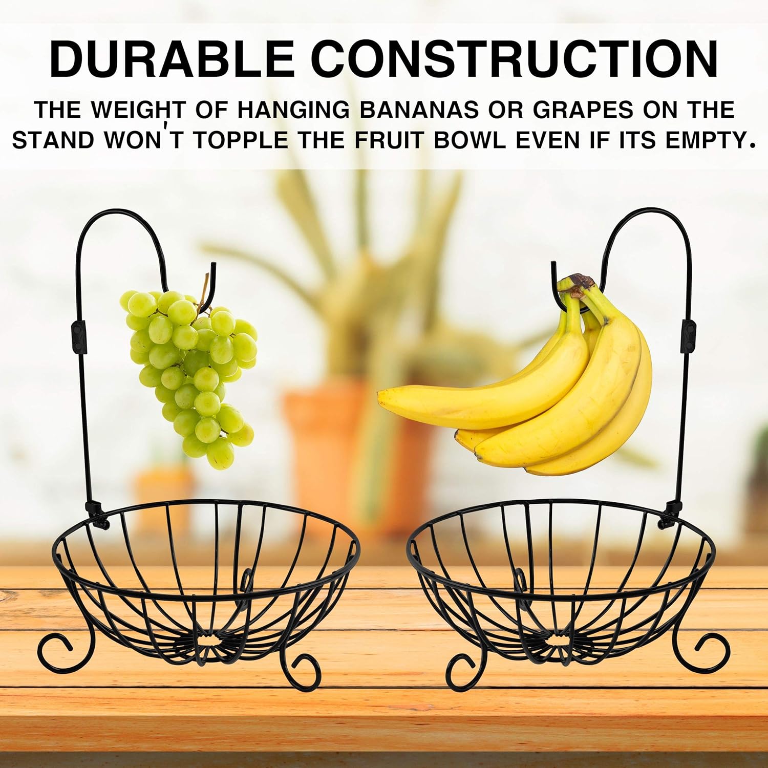 Get Popular Offer Bahoki Essentials Fruit Tree Bowl - with Foldable Banana Hanger - Store Your Fruit and Save Counter Space - Wire Storage Basket - Black