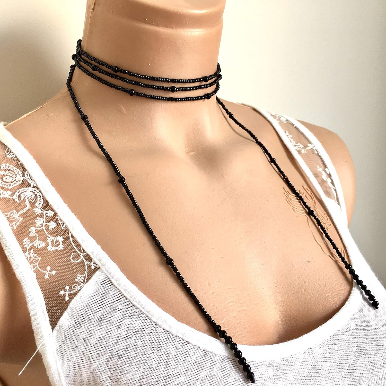 Wrapped Necklace, Black Seed Bead Jewelry, Long Layered Necklace, Tie chokier, Boho Wrapped Choker, Lariat Necklace, Christmas Gift Women - Image 2