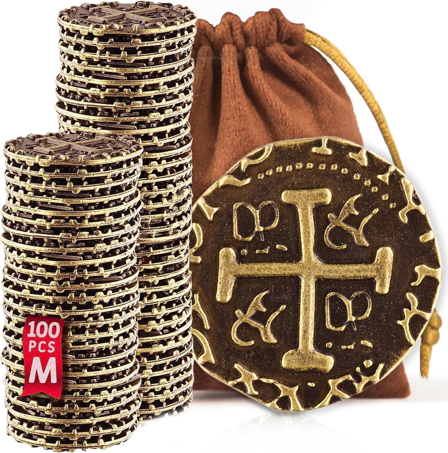 Metal Pirate Coins - 100 Bronze Treasure Coin Set, Metal Replica Spanish Doubloons for Pirate Party Decorations & Favors, Tokens, Toys, Cosplay - Pirate Treasure Chest, Diameter 7/8"