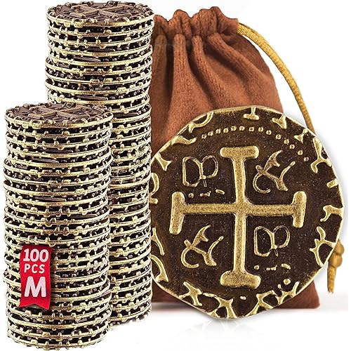 Metal Pirate Coins - 100 Bronze Treasure Coin Set, Metal Replica Spanish Doubloons for Pirate Party Decorations & Favors, Tokens, Toys, Cosplay - Pirate Treasure Chest, Diameter 7/8"