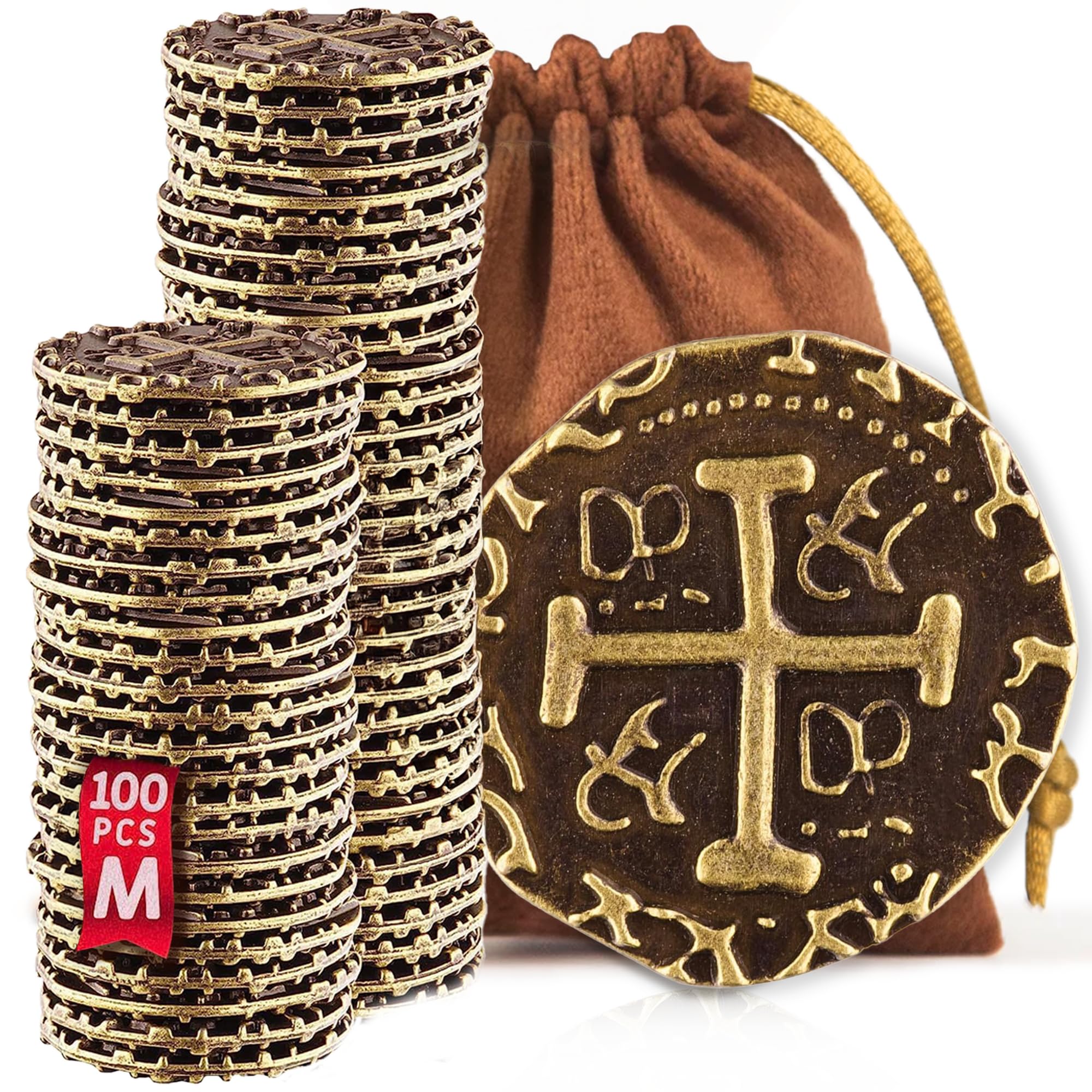 Monedas Piratas de Metal - 100 Monedas De Bronce para Juegos De Mesa Adulto, Juegos De Mesa Niños, Cofre del Tesoro, DND, Gloomhaven Dinero Falso - Tamaño M
