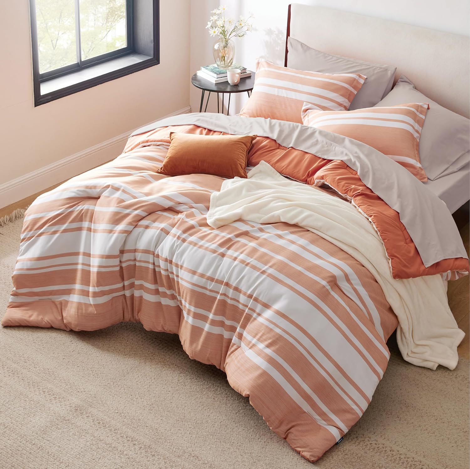 Bedsure Queen Duvet Cover Burnt Orange Striped - Super Soft Cationic Dyed Duvet Cover for Kids with Zipper Closure, 3 Pieces, No Comforter(90"x90")