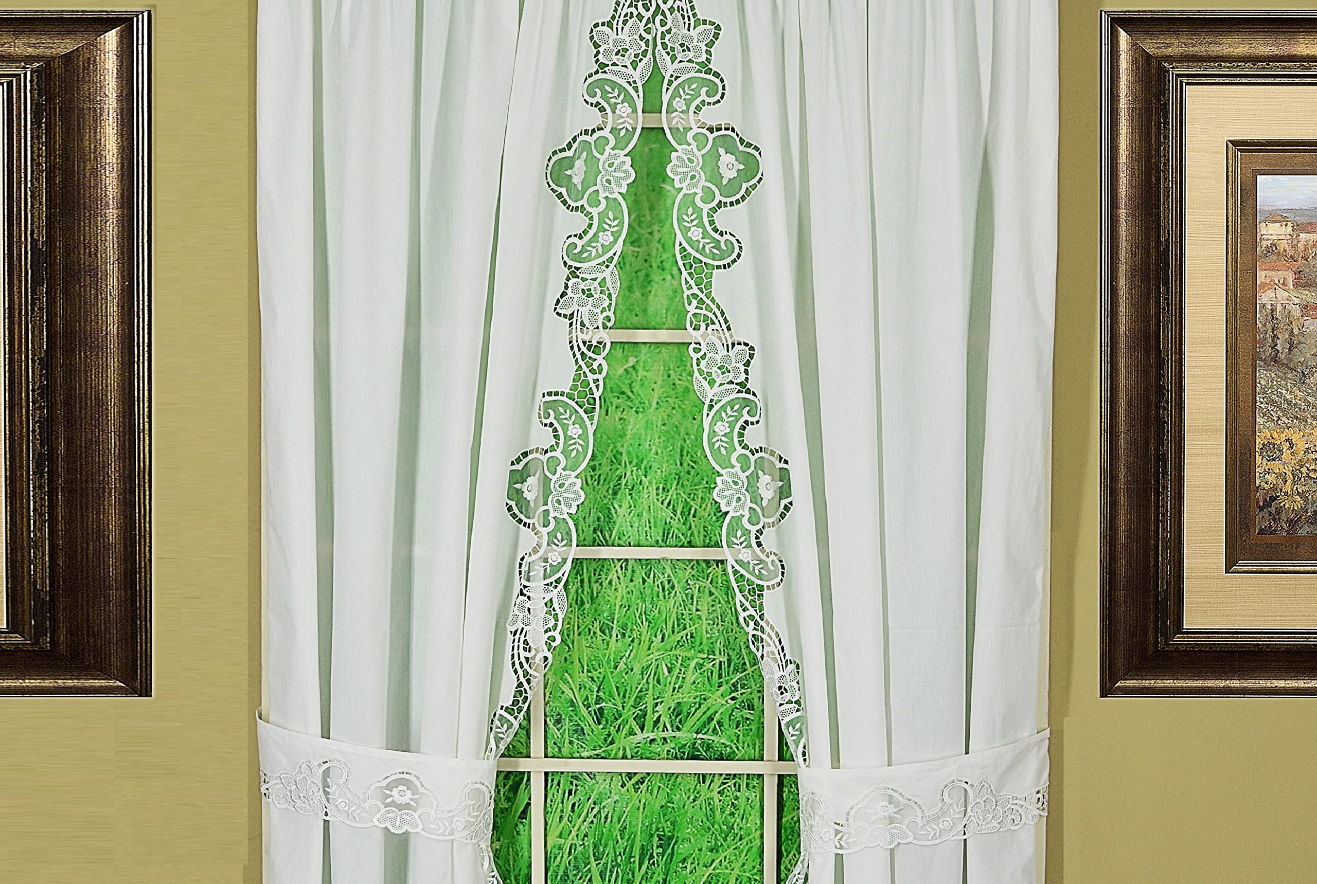 Today's Curtain Annabelle 203 cm L panel para z paskami makramowymi aplikacja zasłona, biała, 203 cm szer. x