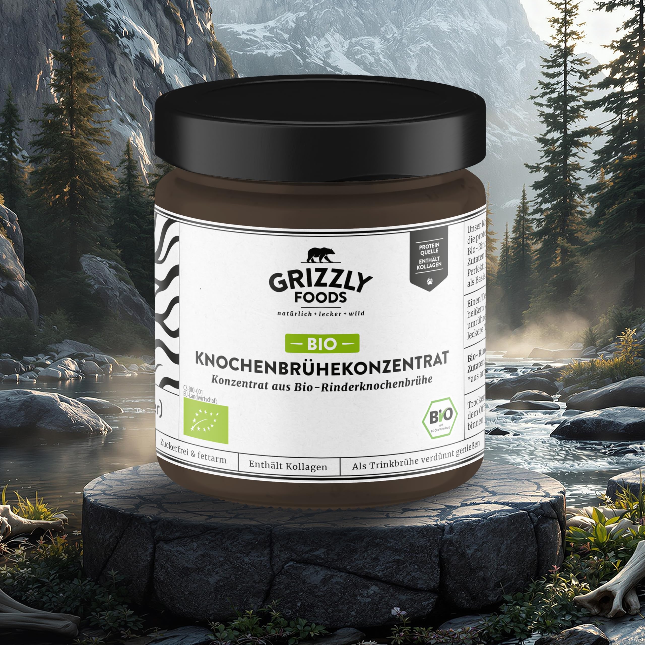 Grizzly Foods Bio Knochenbrühe Konzentrat vom Rind 220g 88g Kollagen proteinreich Trinkbrühe Kochbasis