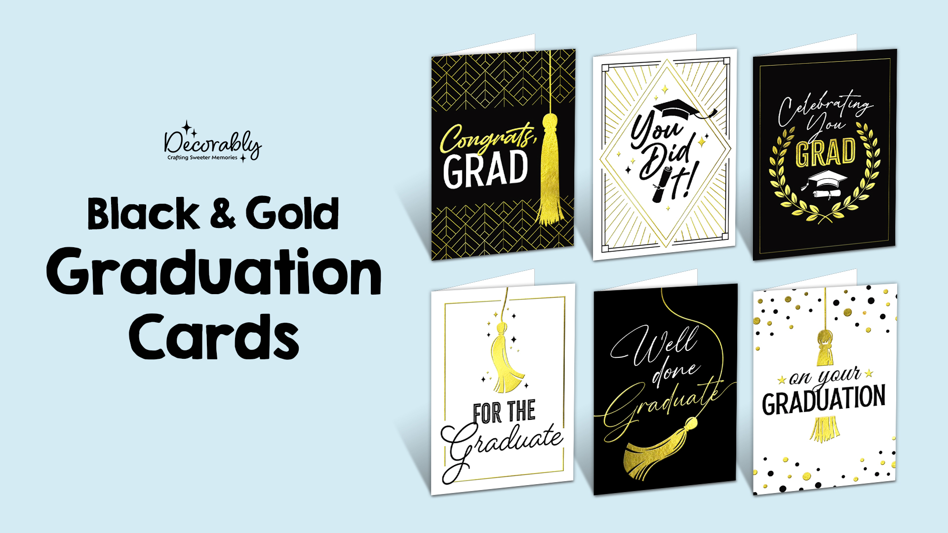 Decorably 12 Pack Gold Foiled 5x7in College Graduation Cards | Envelopes & Stickers, 6 Elegant Designs for Highschool & College Grads, Printed Message Inside