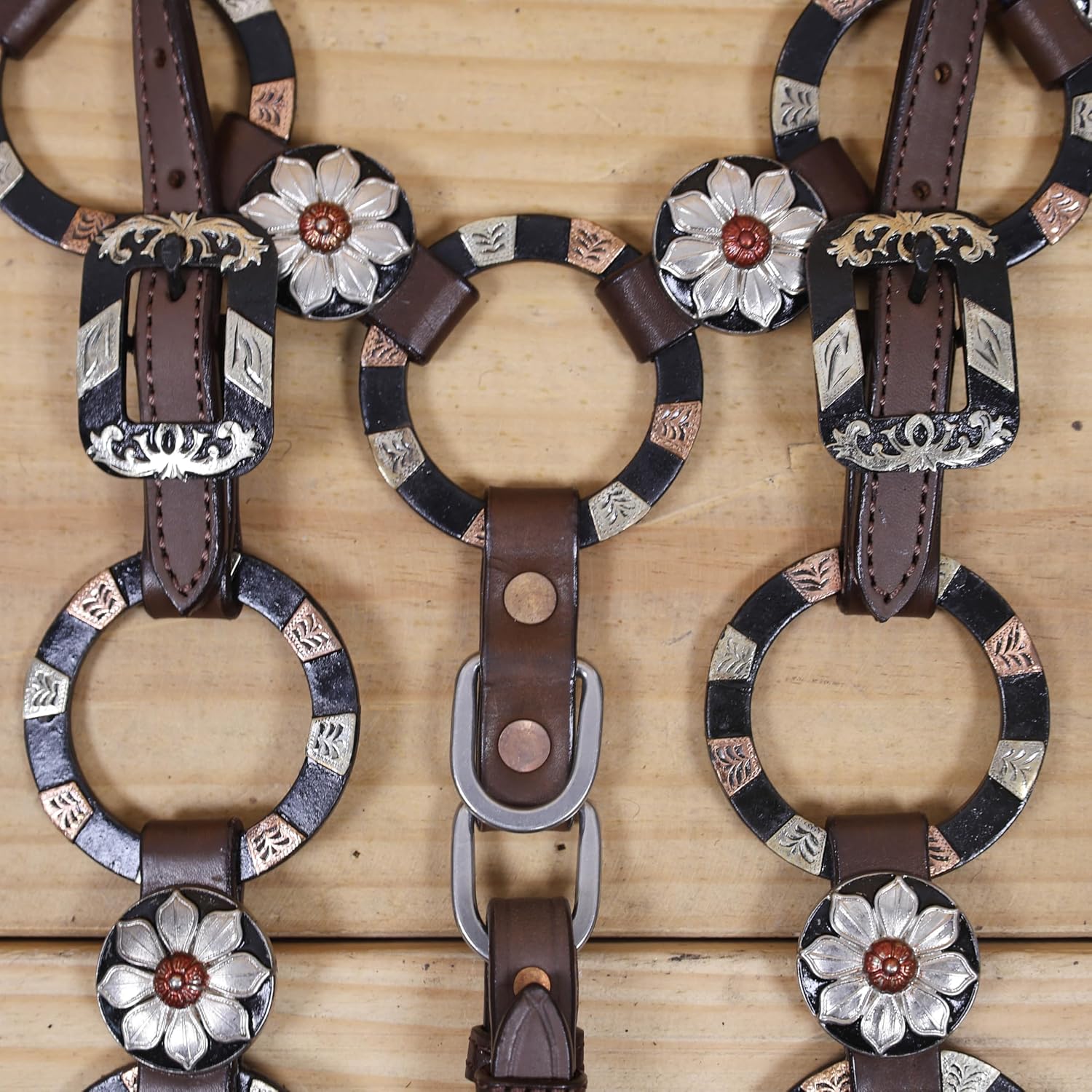 Western Ring Headstall and Breast Collar Handmade Tack Set for Horses, Two-Tone Brown with Engraved Antique Nickel Rings, Raw Leather Laces & Braided Browband, Argentina Leather